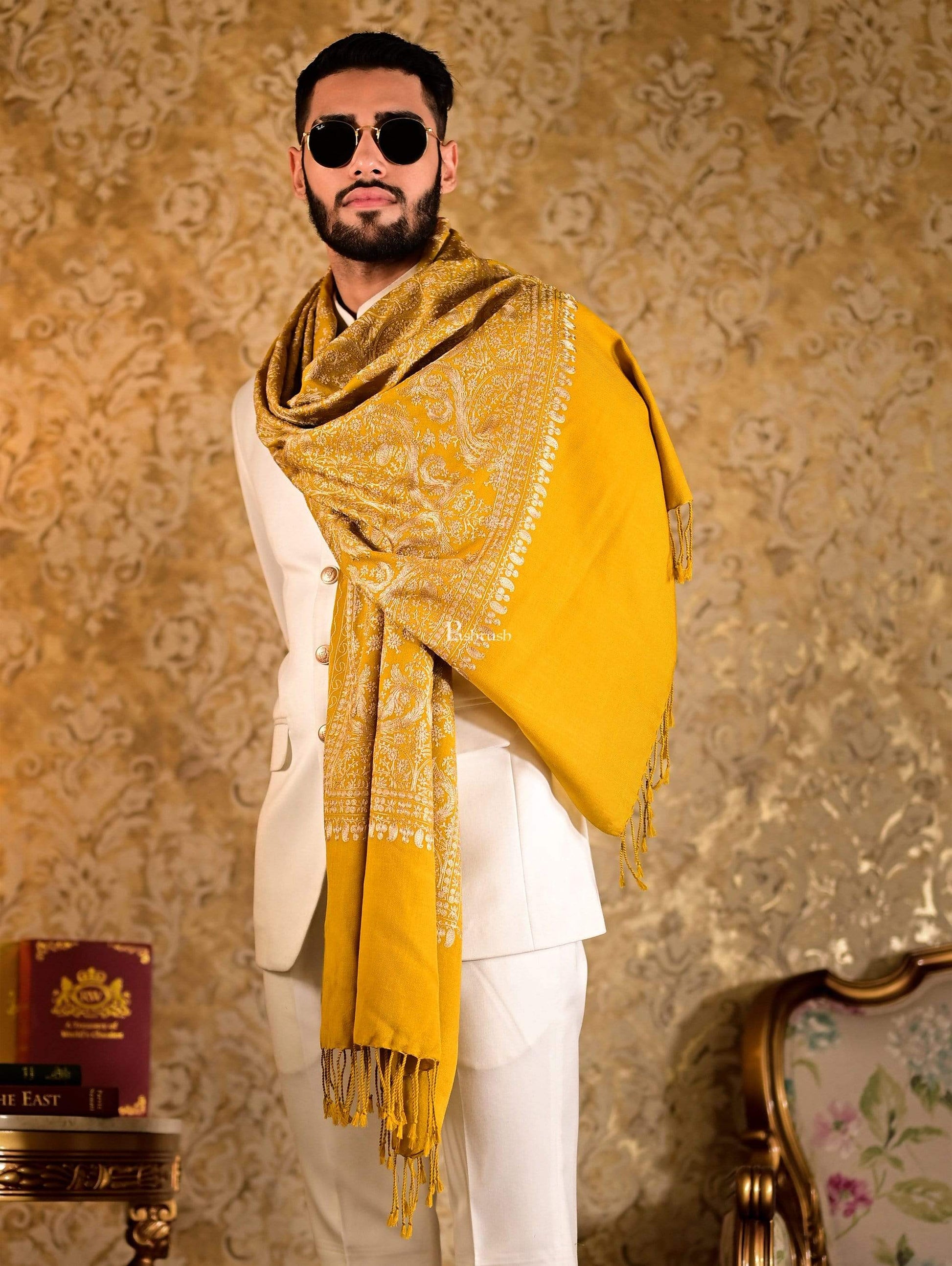 Pashtush India 70x200 Pashtush Mens Silk-Pashmina Fine Wool, Nalki Embroidery, Mustard