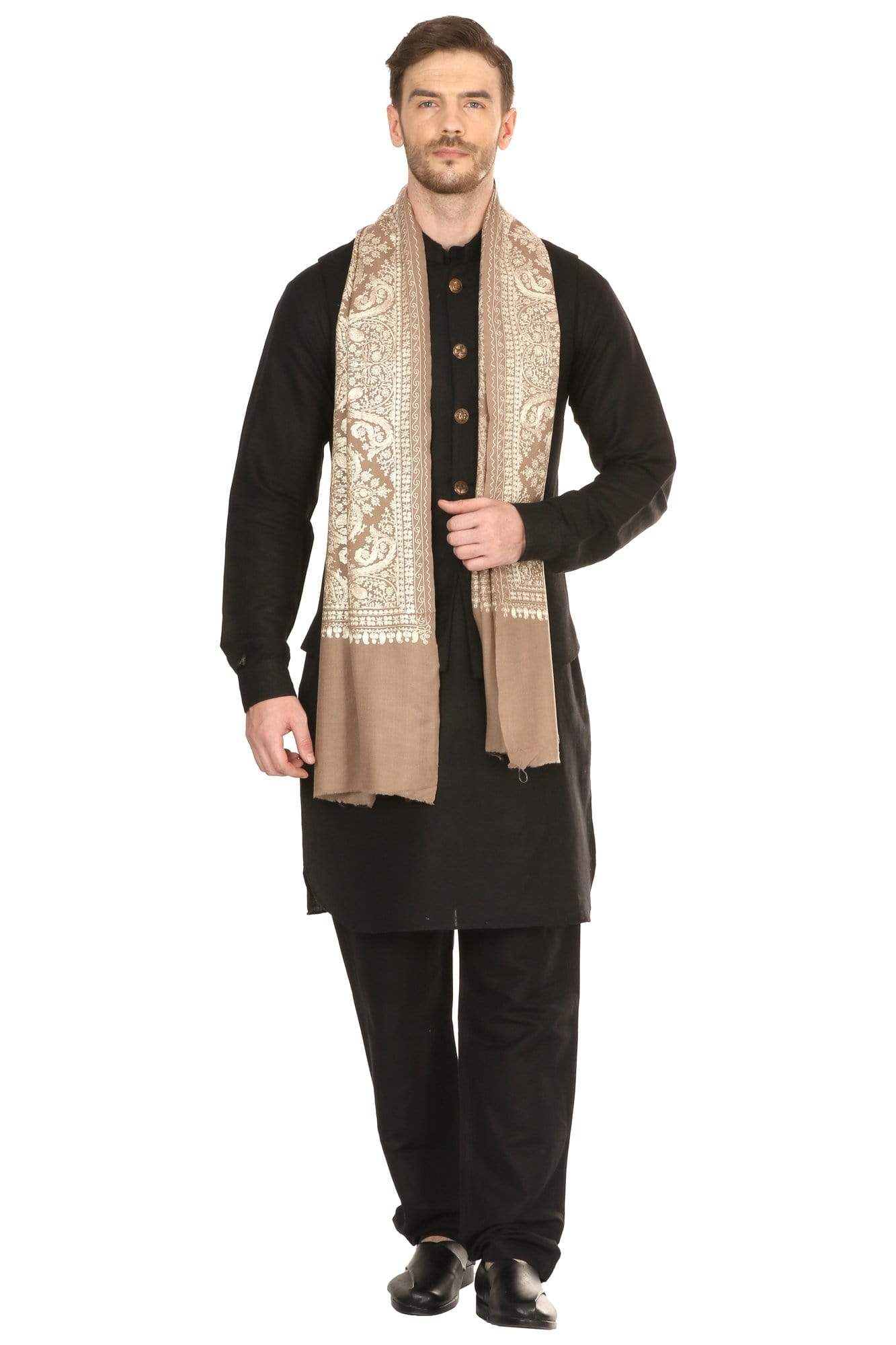 Pashtush Store Stole Pashtush Mens Silk-Pashmina Fine Wool, Nalki Embroidery Needlework Stole (28x80 inches)
