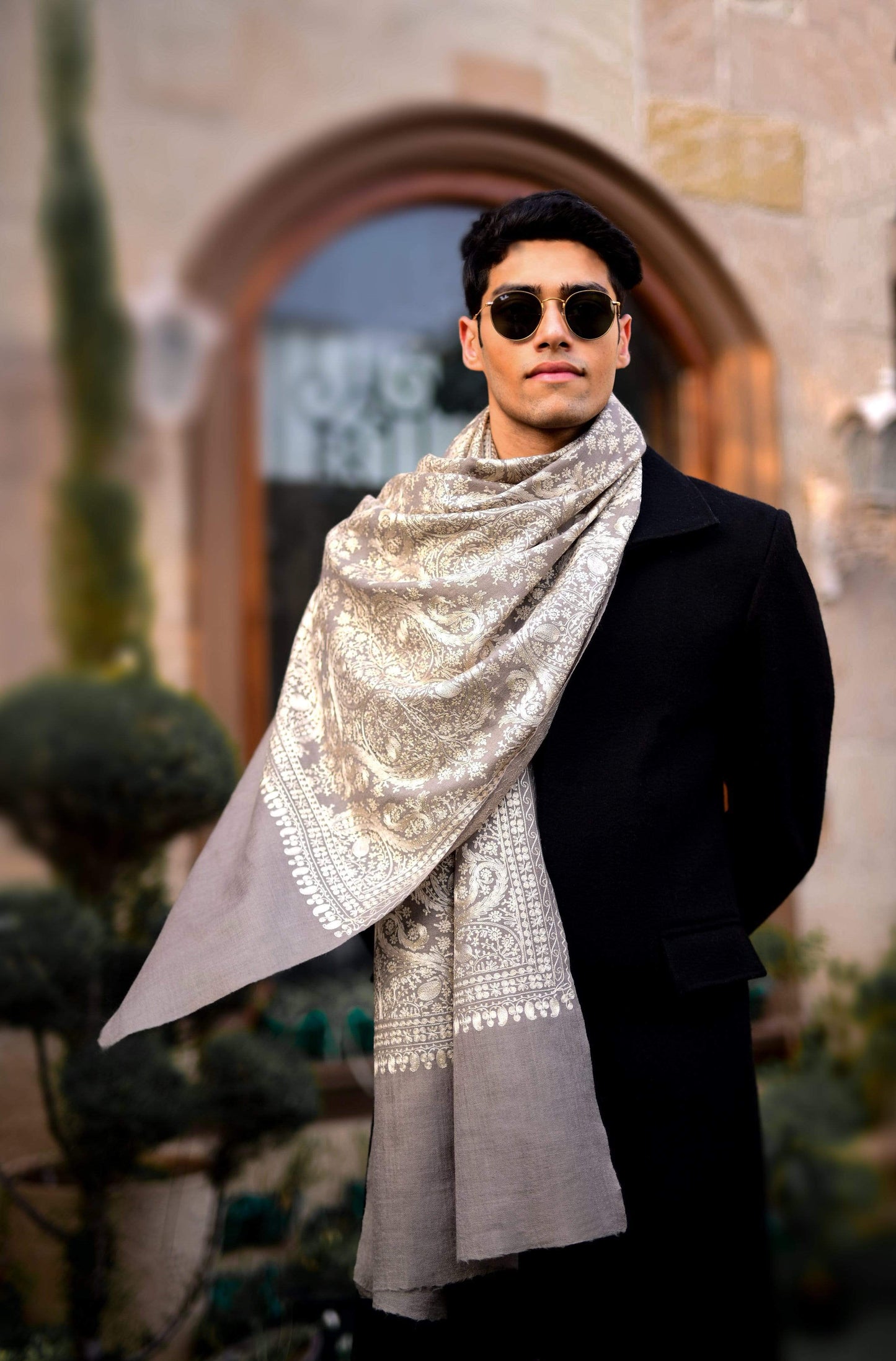 Pashtush Store Stole Pashtush Mens Silk-Pashmina Fine Wool, Nalki Embroidery Needlework Stole (28x80 inches)