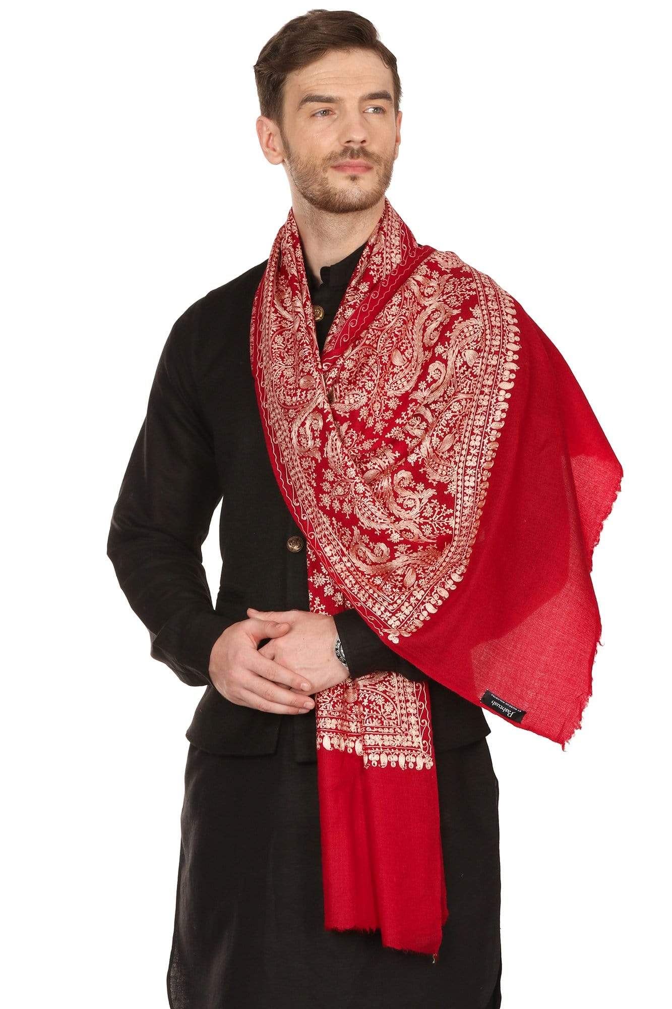 Pashtush Store Stole Pashtush Mens Silk-Pashmina Fine Wool, Nalki Embroidery Needlework Stole (28x80 inches)