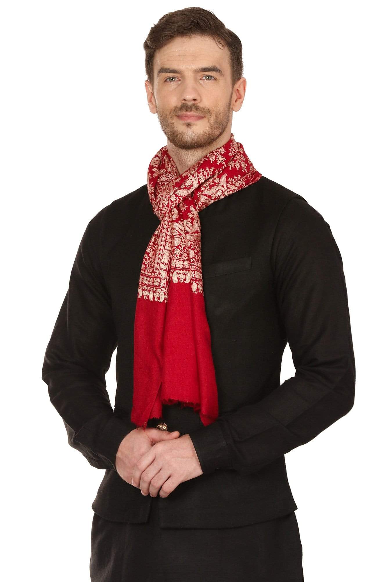 Pashtush Store Stole Pashtush Mens Silk-Pashmina Fine Wool, Nalki Embroidery Needlework Stole (28x80 inches)