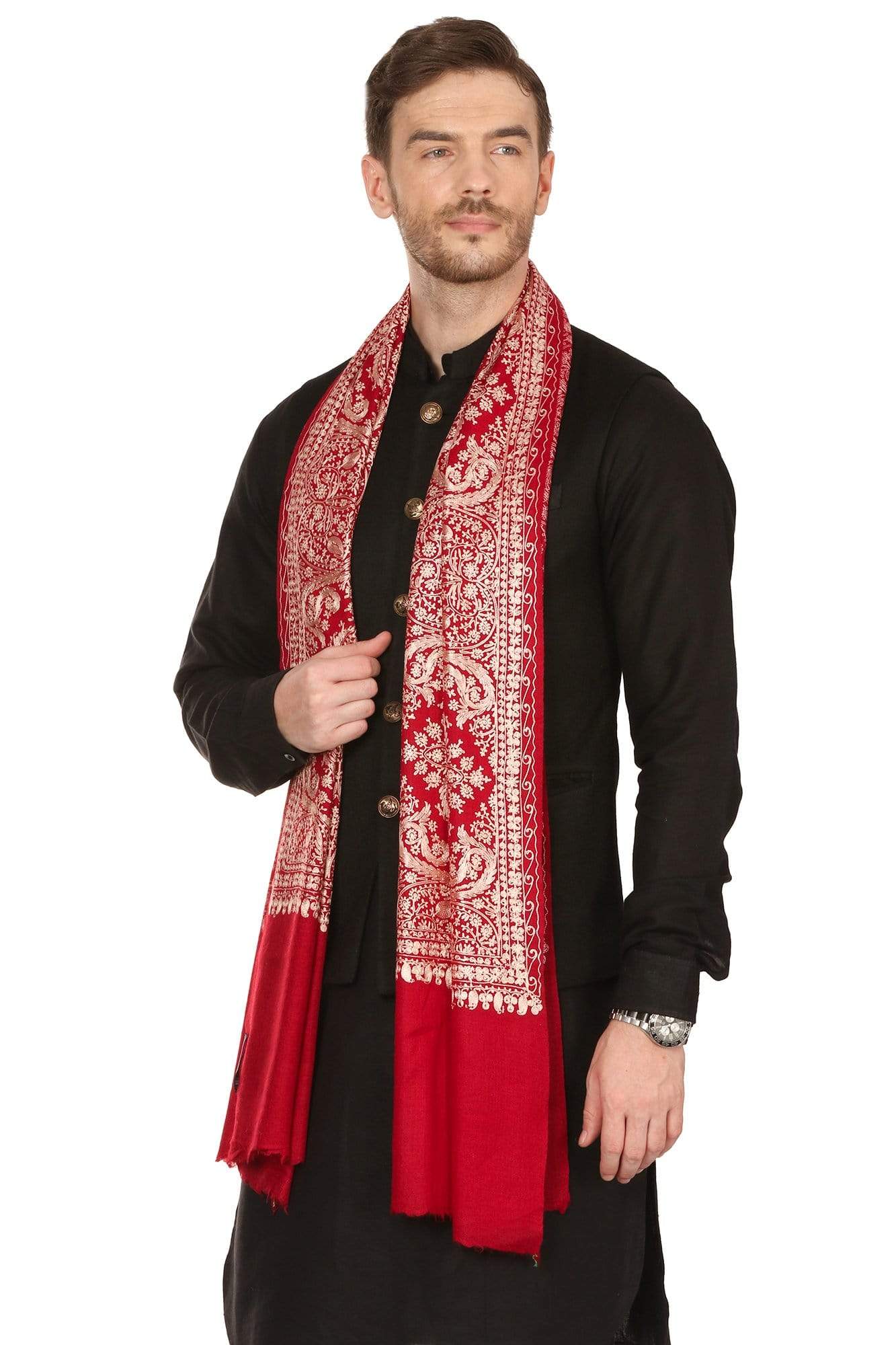 Pashtush Store Stole Pashtush Mens Silk-Pashmina Fine Wool, Nalki Embroidery Needlework Stole (28x80 inches)