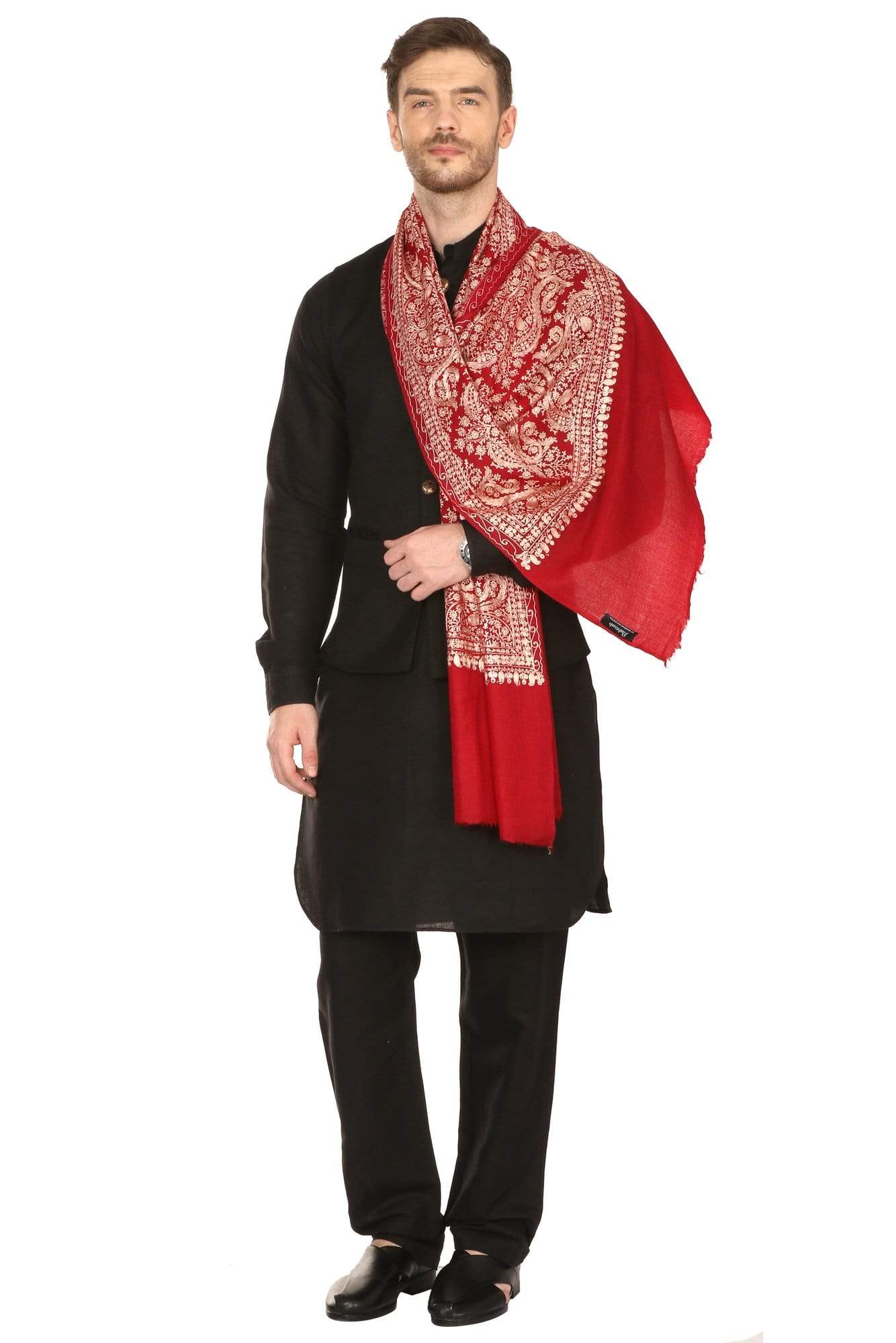 Pashtush Store Stole Pashtush Mens Silk-Pashmina Fine Wool, Nalki Embroidery Needlework Stole (28x80 inches)