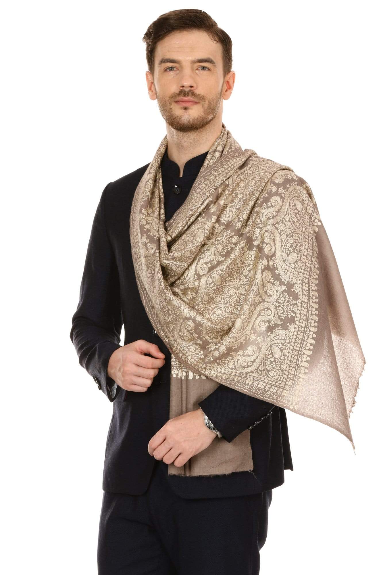 Pashtush Store Stole Pashtush Mens Silk-Pashmina Fine Wool, Nalki Embroidery Stole (28x80 inches) - Beige