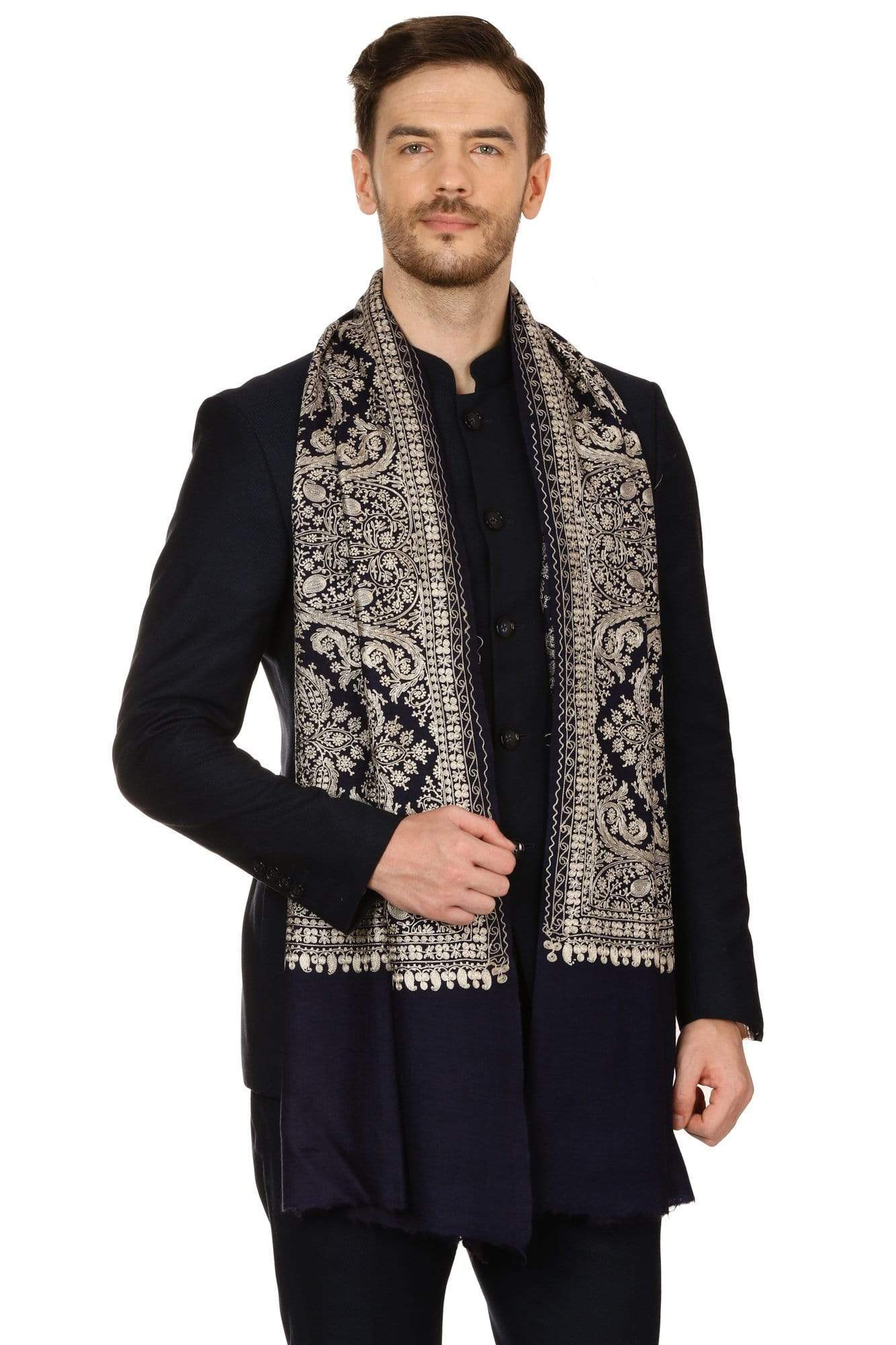 Pashtush India 70x200 Pashtush Mens Silk-Pashmina Fine Wool, Nalki Embroidery Needlework Stole - Black