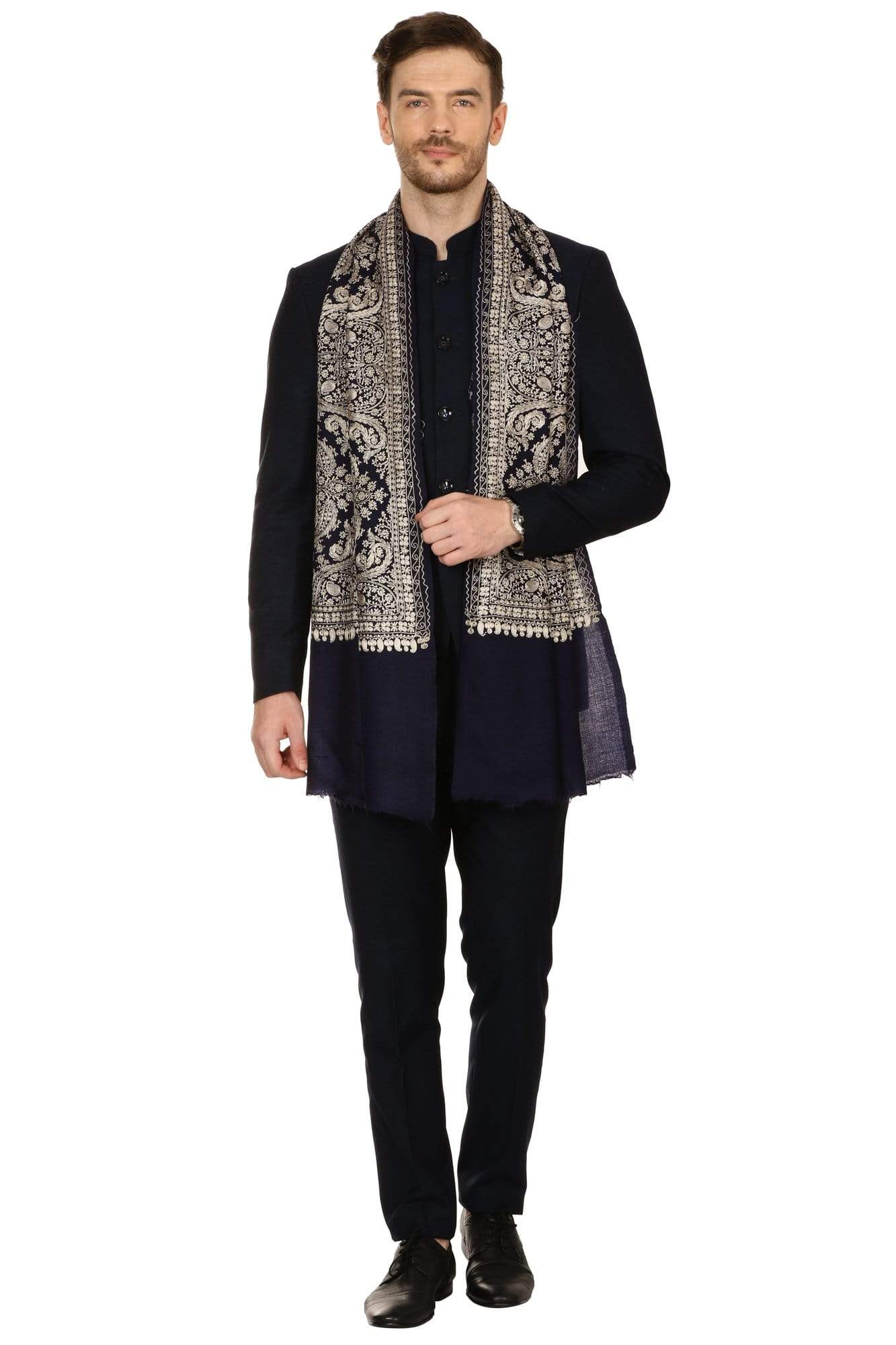 Pashtush India 70x200 Pashtush Mens Silk-Pashmina Fine Wool, Nalki Embroidery Needlework Stole - Black