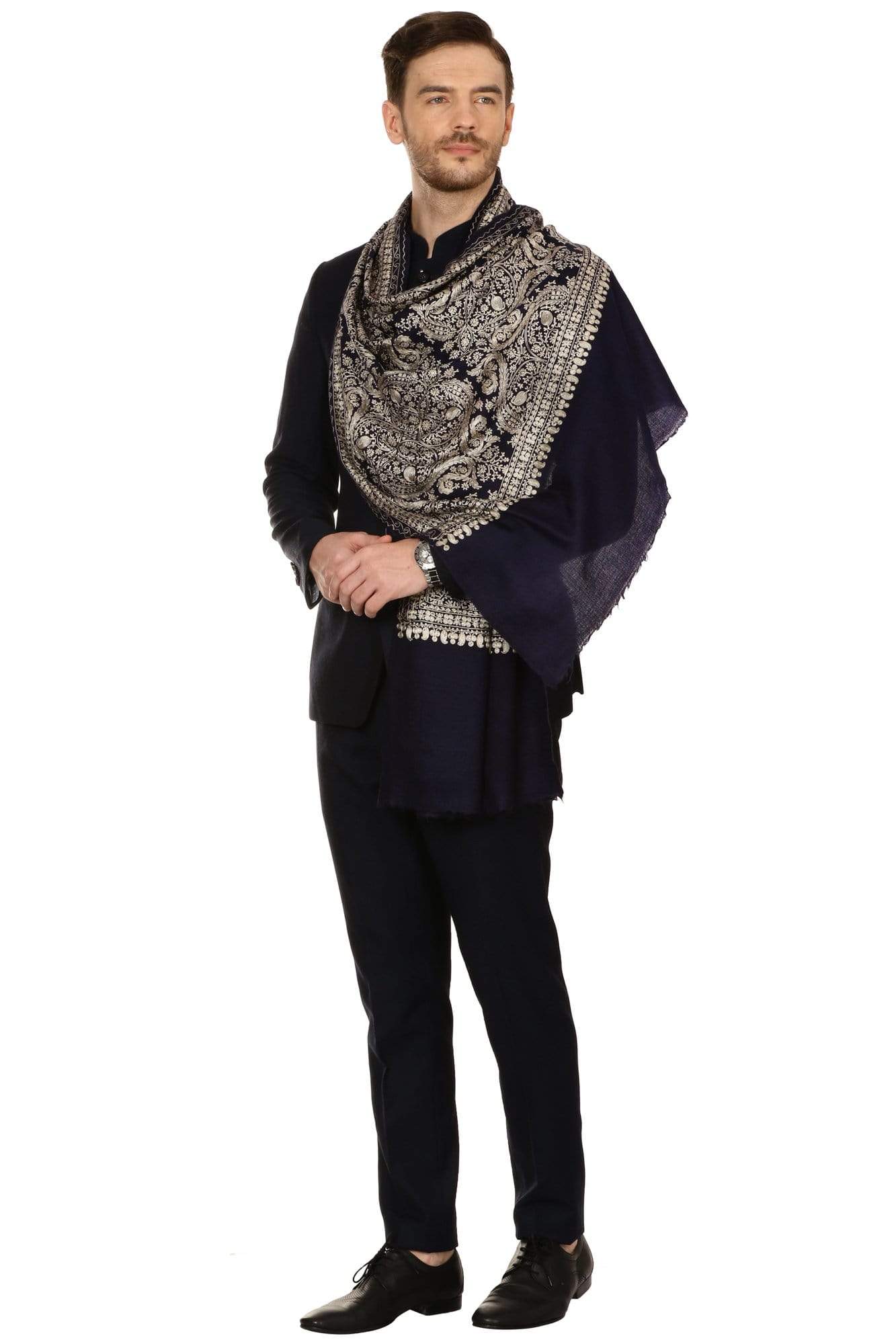 Pashtush India 70x200 Pashtush Mens Silk-Pashmina Fine Wool, Nalki Embroidery Needlework Stole - Black