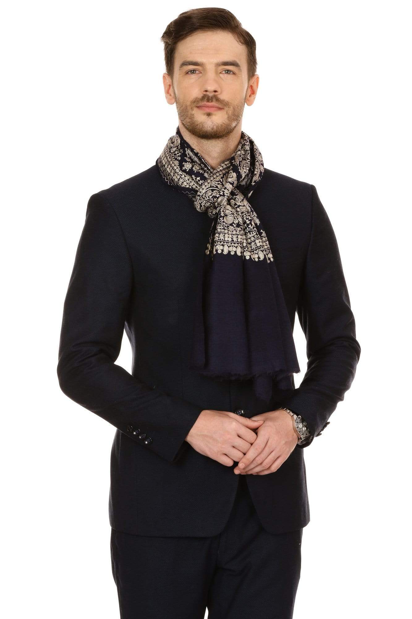 Pashtush India 70x200 Pashtush Mens Silk-Pashmina Fine Wool, Nalki Embroidery Needlework Stole - Black