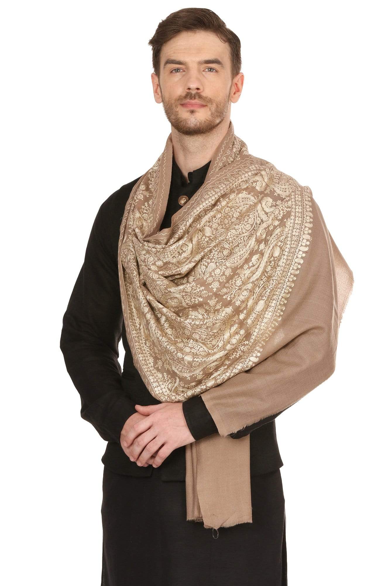 Pashtush Store Stole Pashtush Mens Silk-Pashmina Fine Wool, Nalki Embroidery Needlework Stole (28x80 inches)