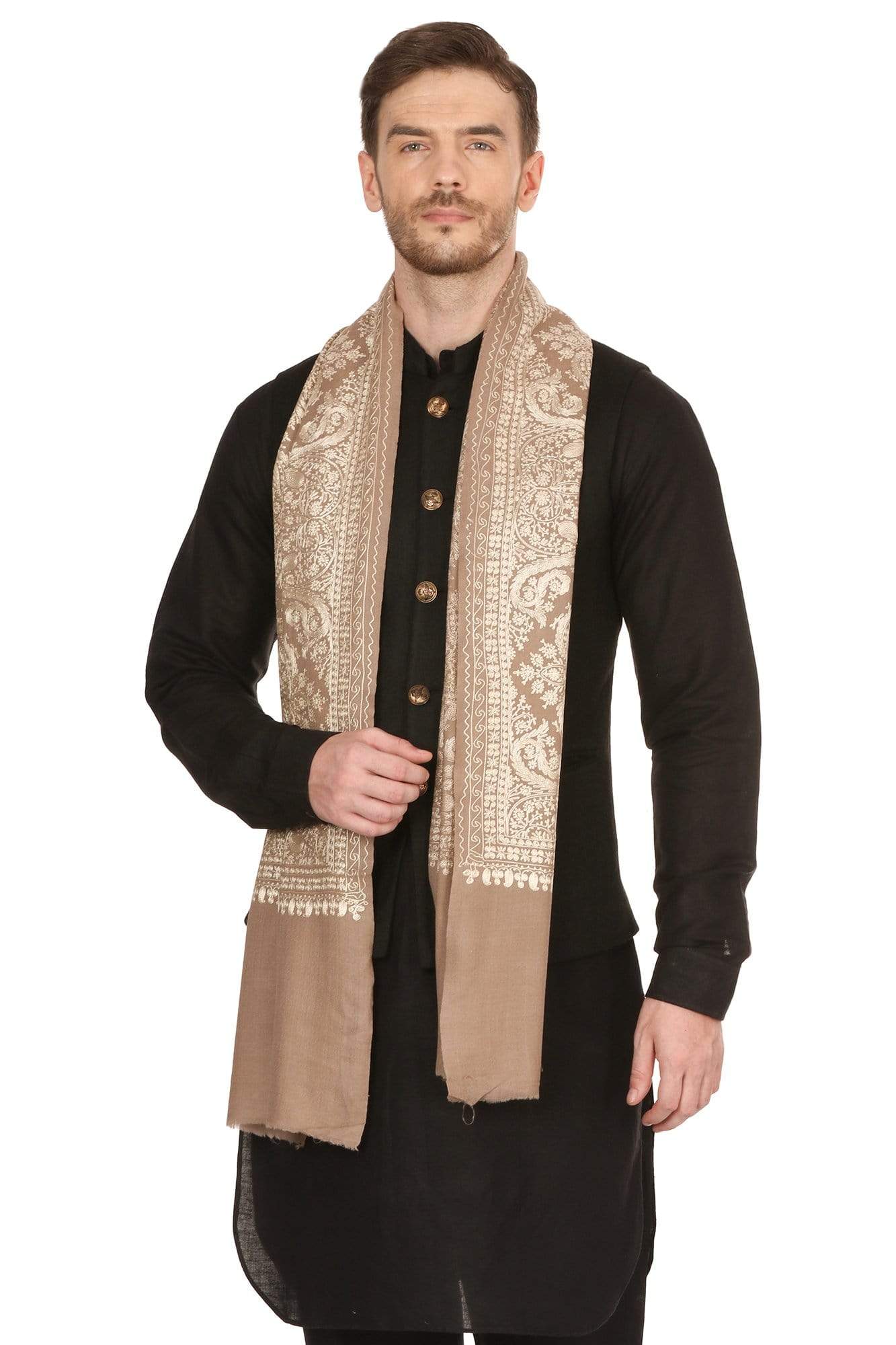 Pashtush Store Stole Pashtush Mens Silk-Pashmina Fine Wool, Nalki Embroidery Needlework Stole (28x80 inches)