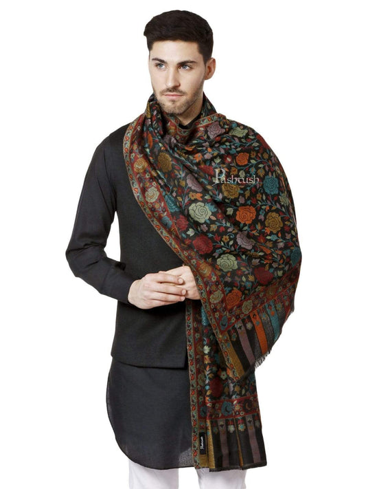 Pashtush India 70x200 Pashtush Mens Soft Wool, Kaani Weave Stole, Gulaab-dar, Black