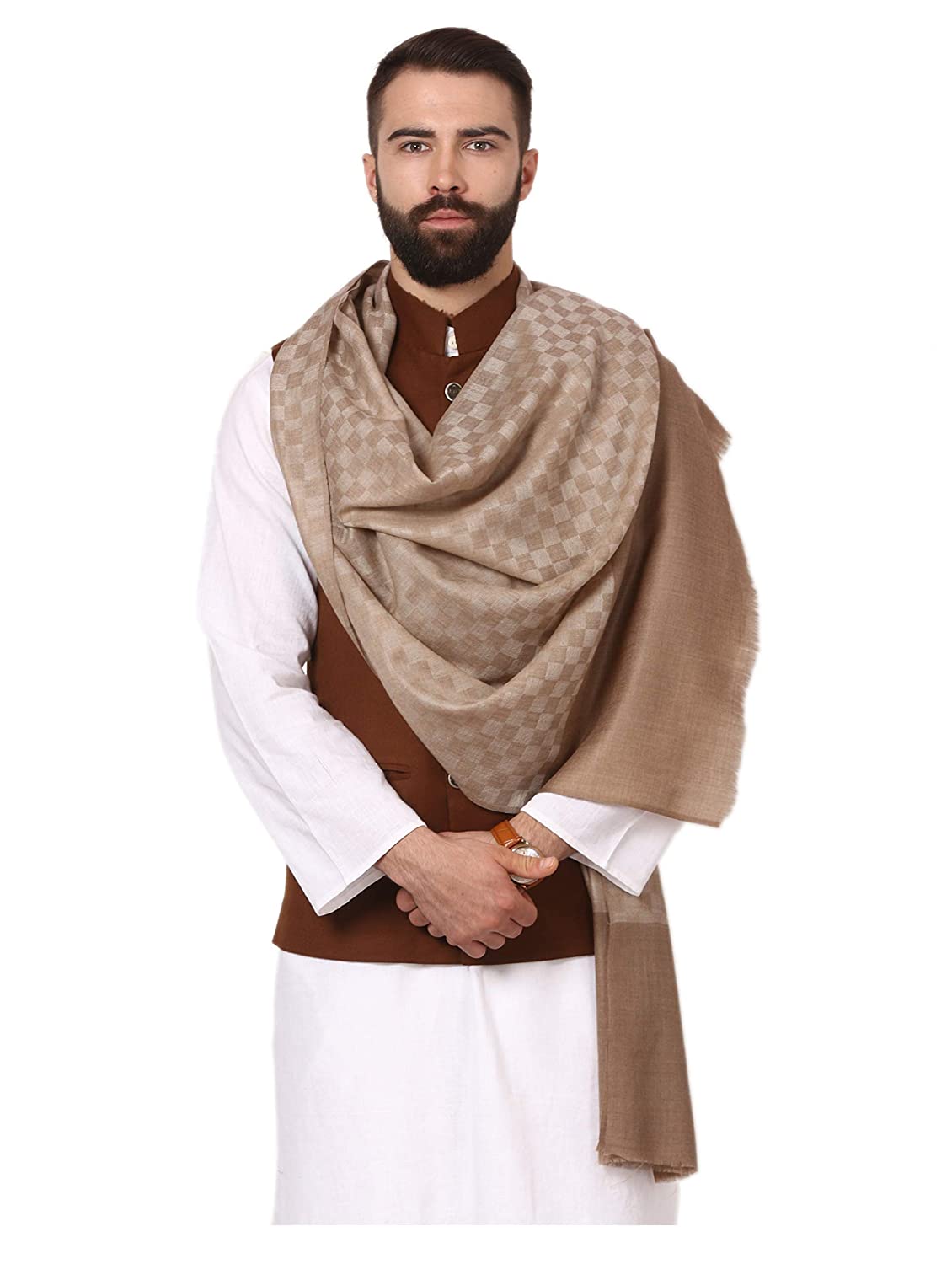 Pashtush India Stole Pashtush Mens Stole, Checkered Design, Extra-soft Cashmere Feel, Taupe