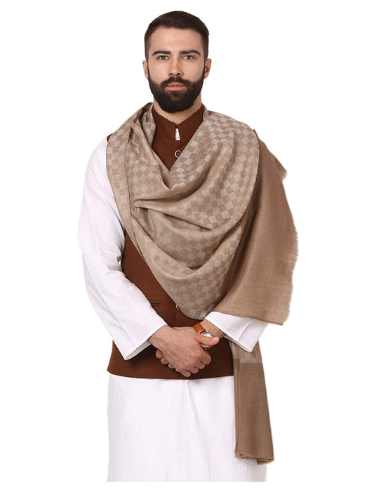 Pashtush India Stole Pashtush Mens Stole, Checkered Design, Extra-soft Cashmere Feel, Taupe
