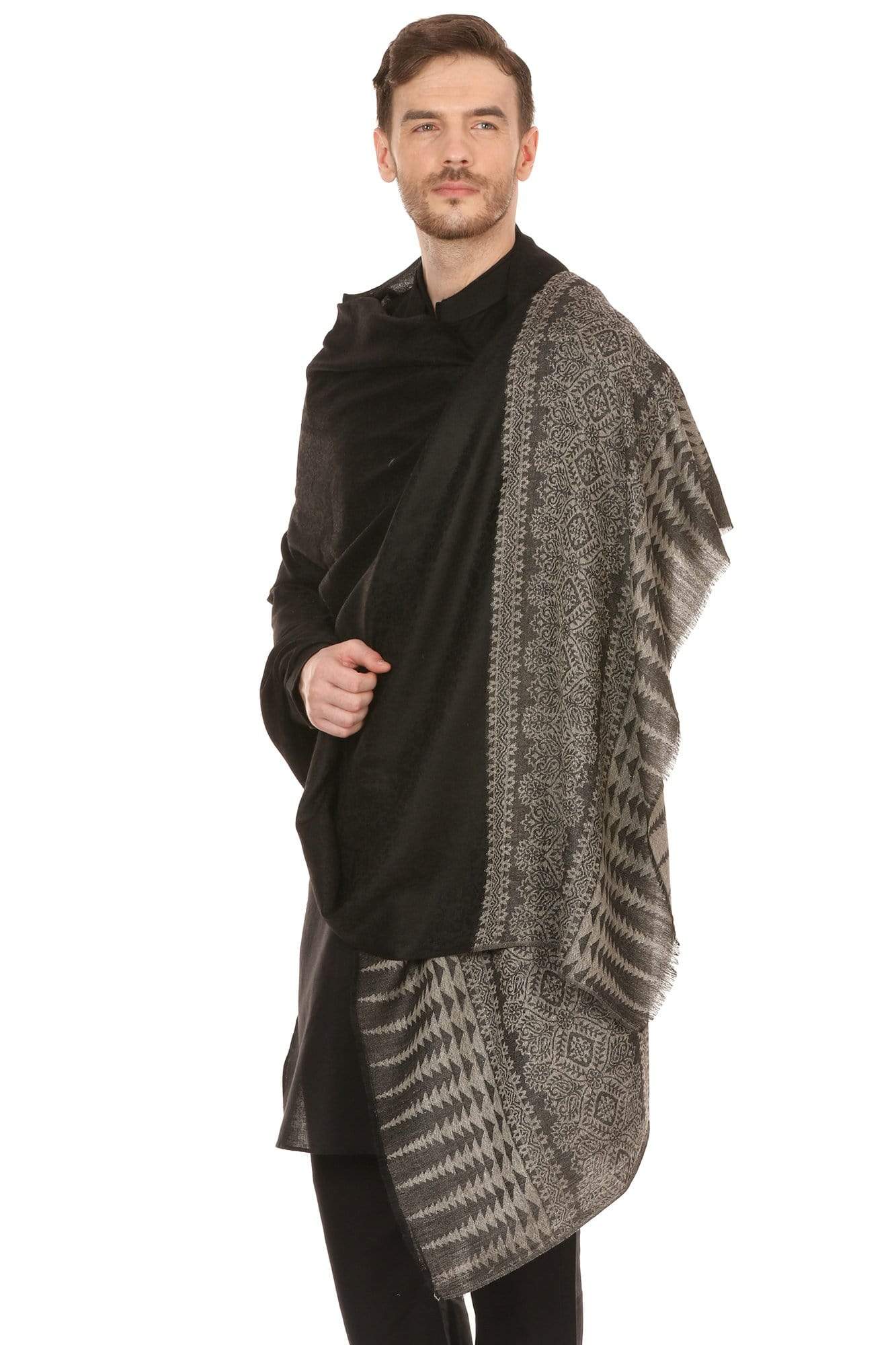 Pashtush Shawl Store Stole Pashtush Mens Stole Scarf, Extra Soft Wool - Rich Black