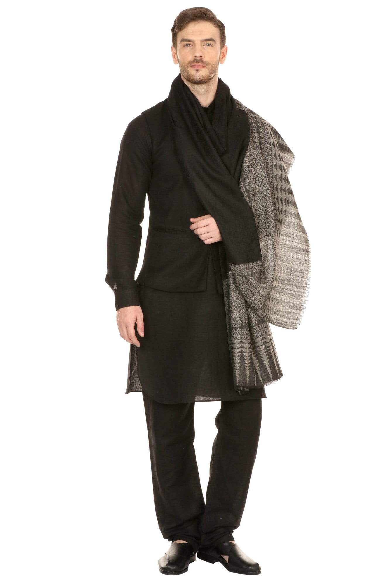 Pashtush Shawl Store Stole Pashtush Mens Stole Scarf, Extra Soft Wool - Rich Black