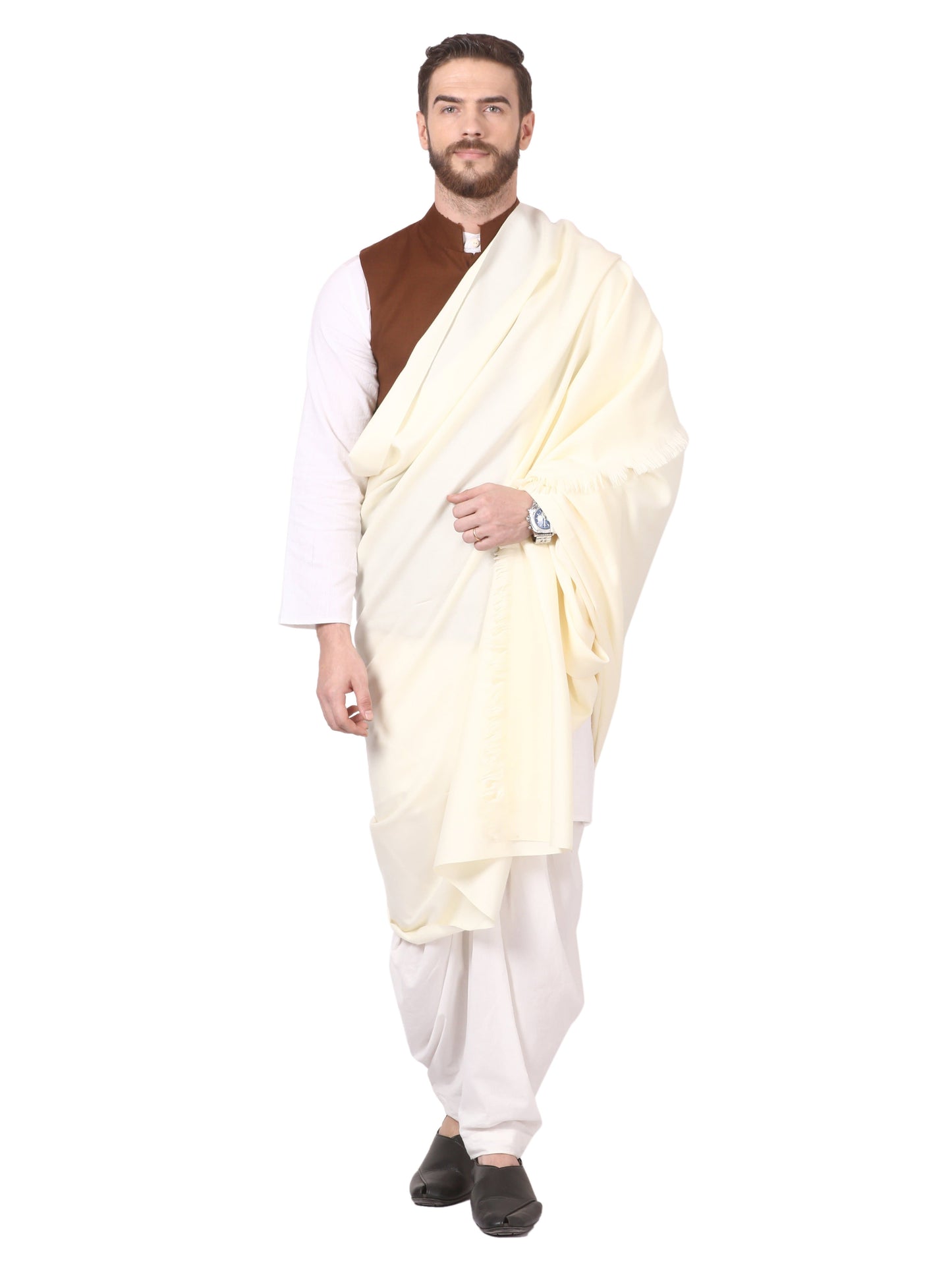 Pashtush India Shawl Pashtush Mens Thick Blended Wool Lohi, Mens Shawl with 50% Wool, Cream