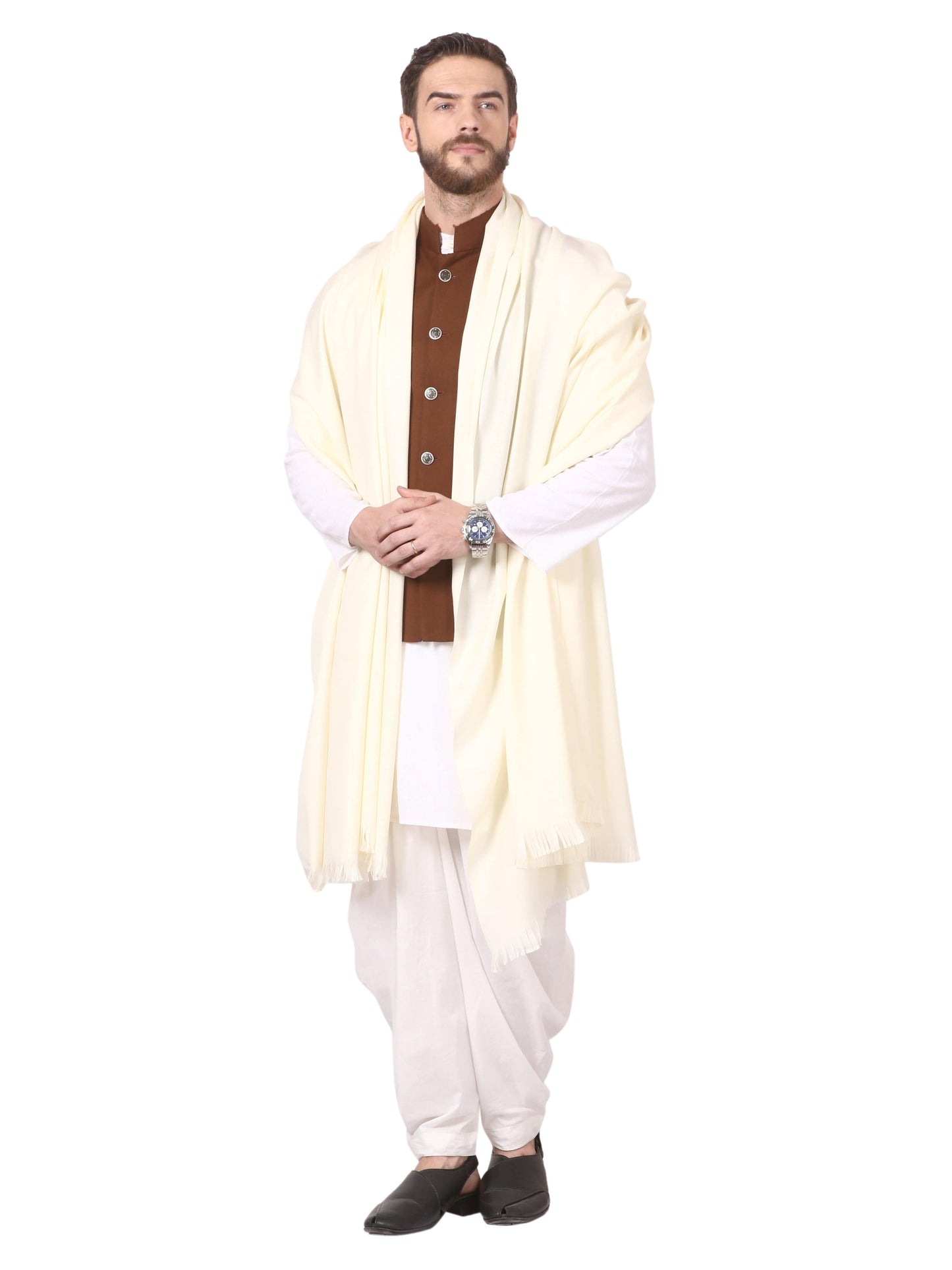 Pashtush India Shawl Pashtush Mens Thick Blended Wool Lohi, Mens Shawl with 50% Wool, Cream