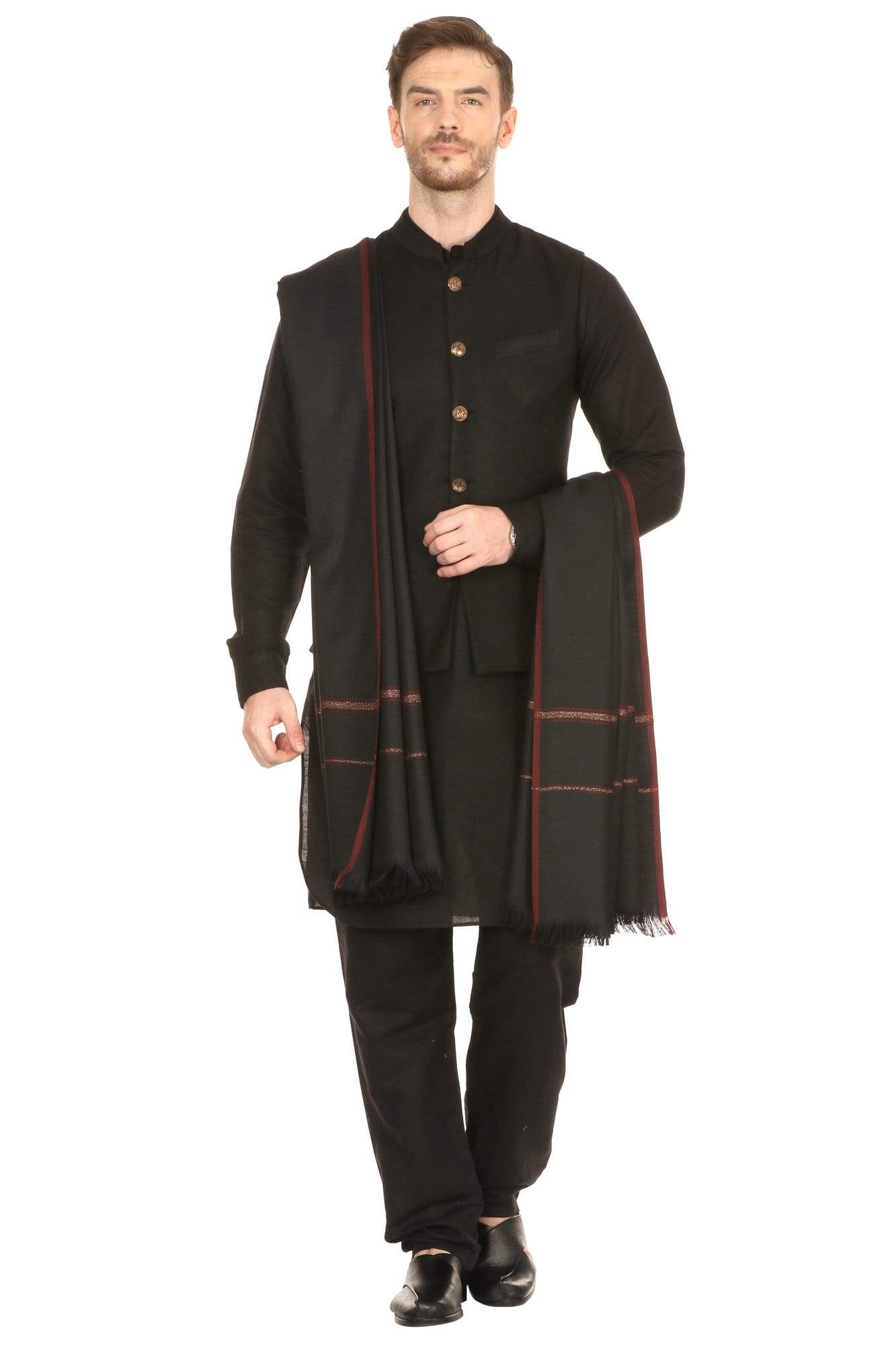 Pashtush India Shawl Pashtush Mens Thick Shawl Gents Lohi Woven Kinauri Design, Black