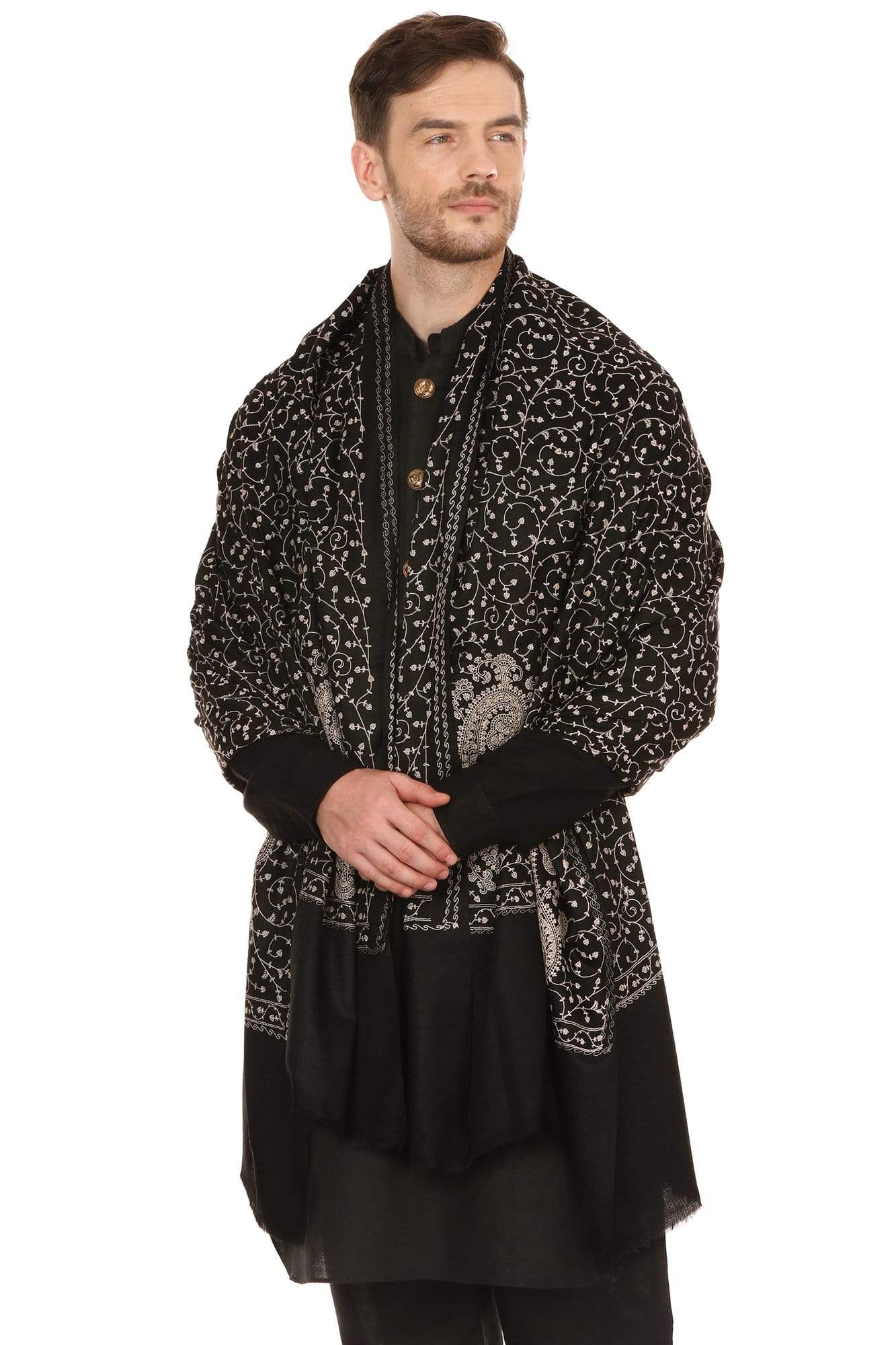 Pashtush Shawl Store Stole Pashtush Mens Tone on Tone Embroidery Stole - Black