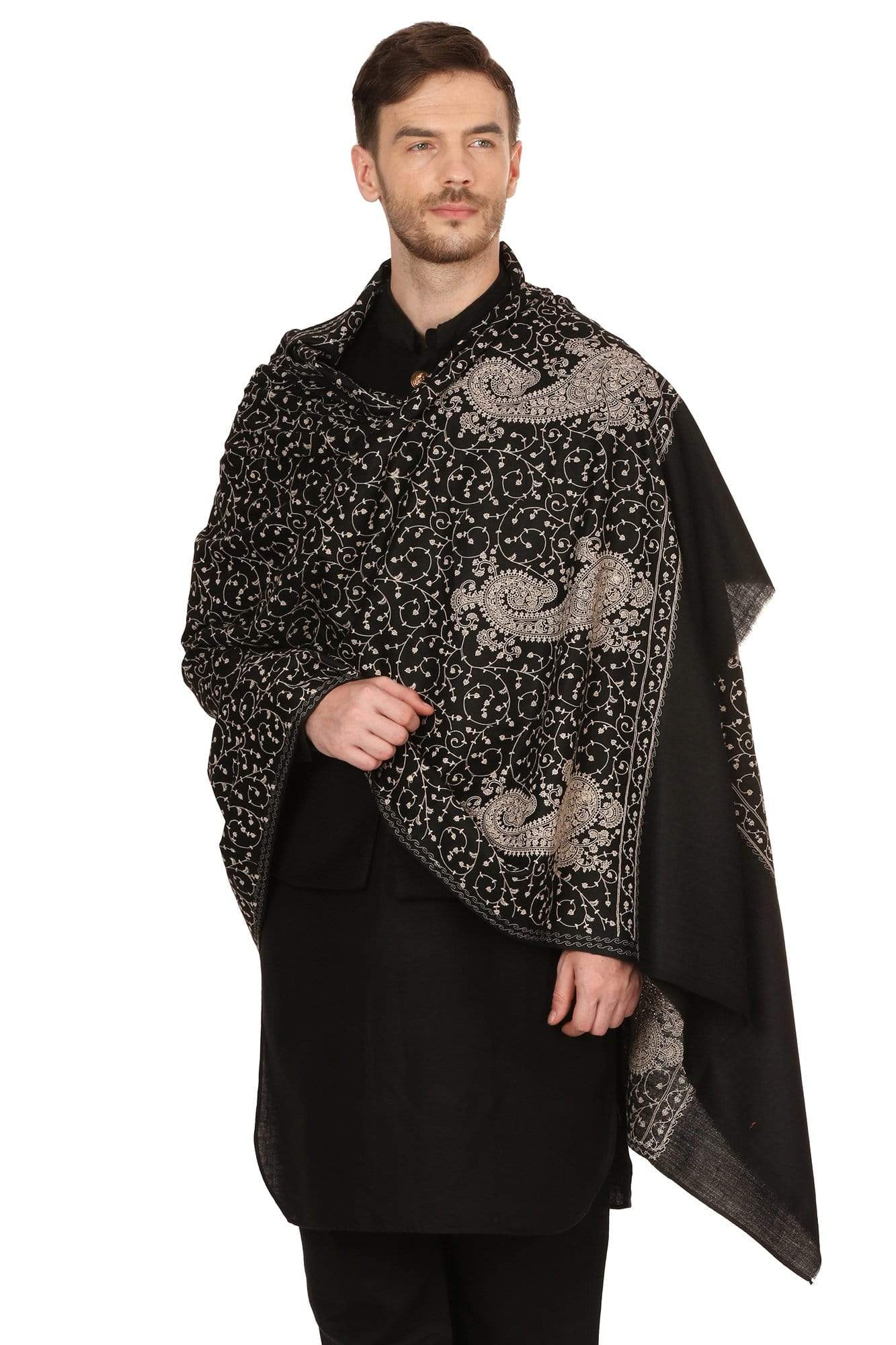 Pashtush Shawl Store Stole Pashtush Mens Tone on Tone Embroidery Stole - Black