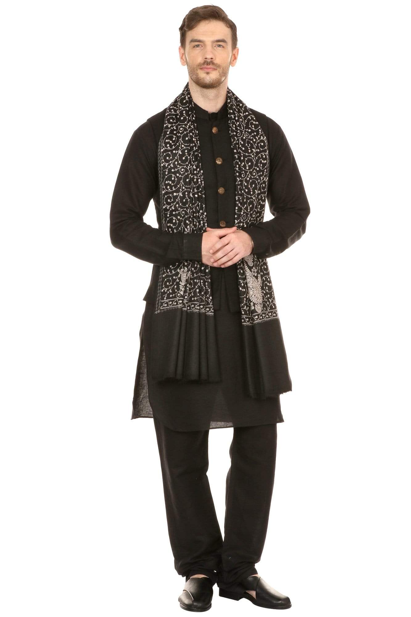 Pashtush Shawl Store Stole Pashtush Mens Tone on Tone Embroidery Stole - Black