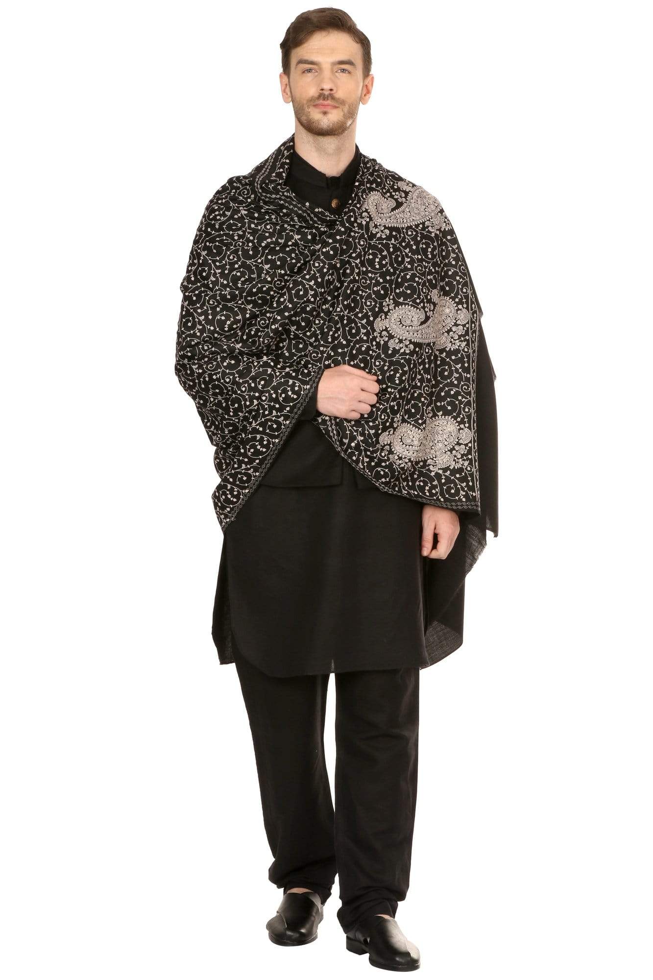 Pashtush Shawl Store Stole Pashtush Mens Tone on Tone Embroidery Stole - Black