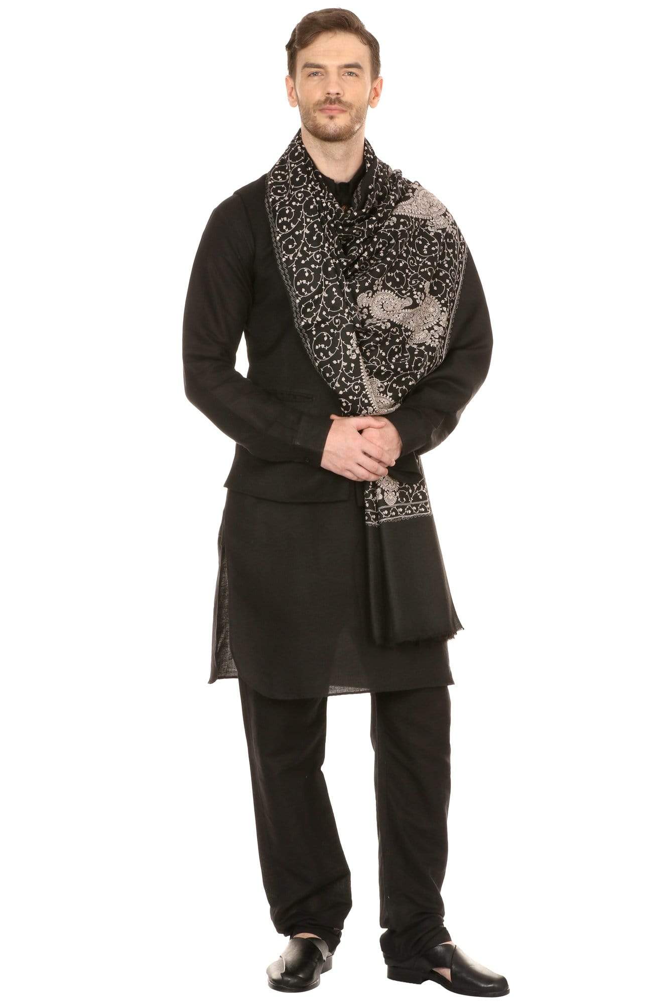 Pashtush Shawl Store Stole Pashtush Mens Tone on Tone Embroidery Stole - Black