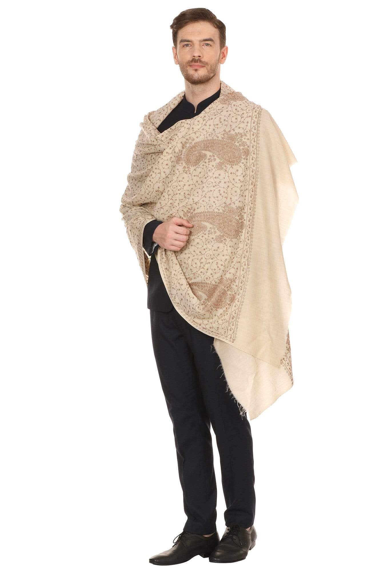 Pashtush Shawl Store Stole Pashtush Mens Tone on Tone Embroidery Stole - Natural Beige