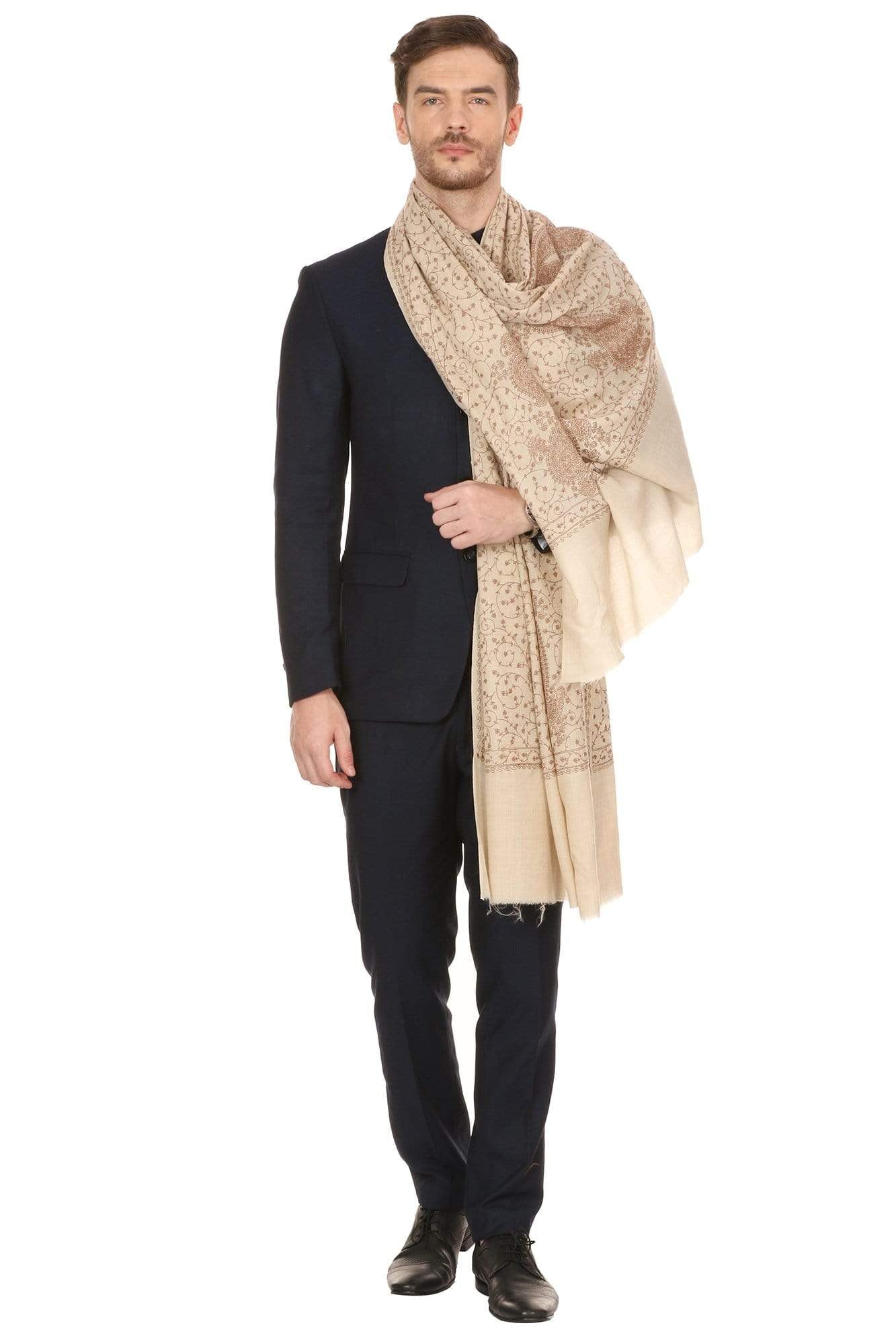 Pashtush Shawl Store Stole Pashtush Mens Tone on Tone Embroidery Stole - Natural Beige