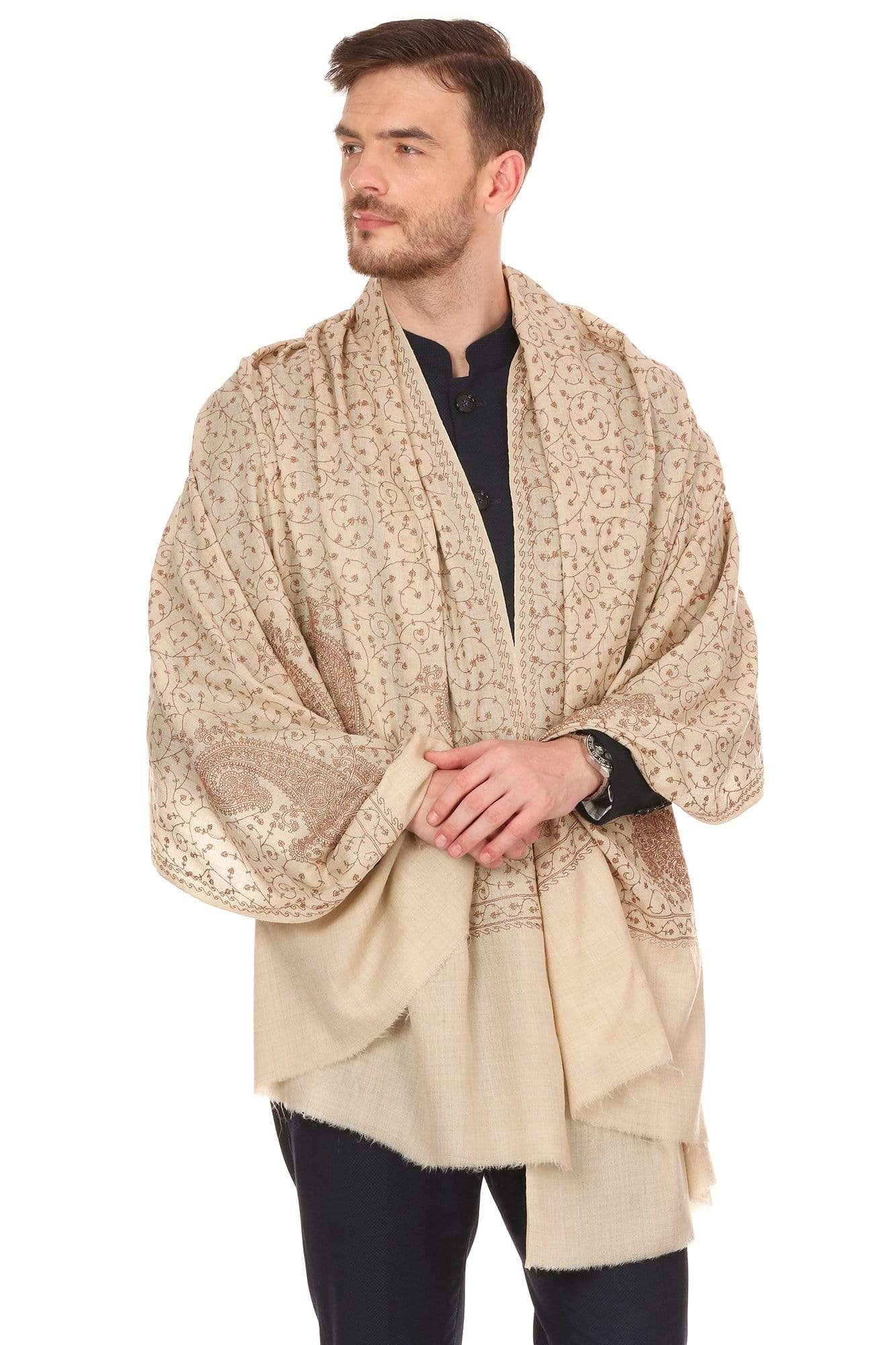 Pashtush Shawl Store Stole Pashtush Mens Tone on Tone Embroidery Stole - Natural Beige