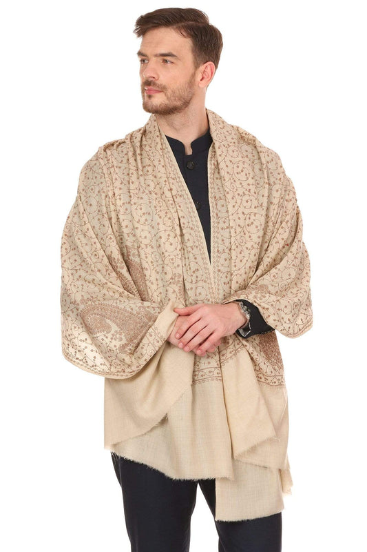 Pashtush Shawl Store Stole Pashtush Mens Tone on Tone Embroidery Stole - Natural Beige