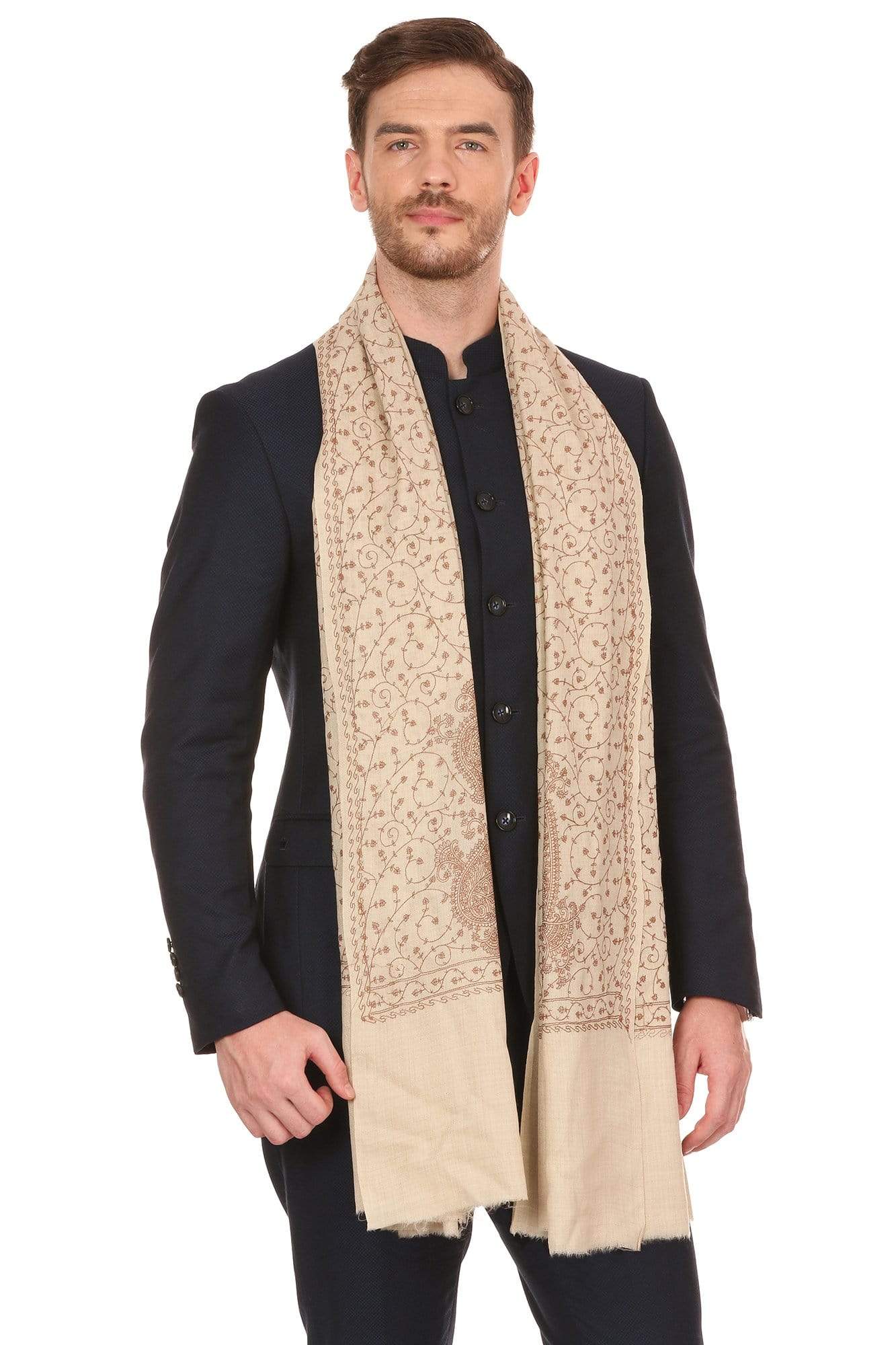 Pashtush Shawl Store Stole Pashtush Mens Tone on Tone Embroidery Stole - Natural Beige