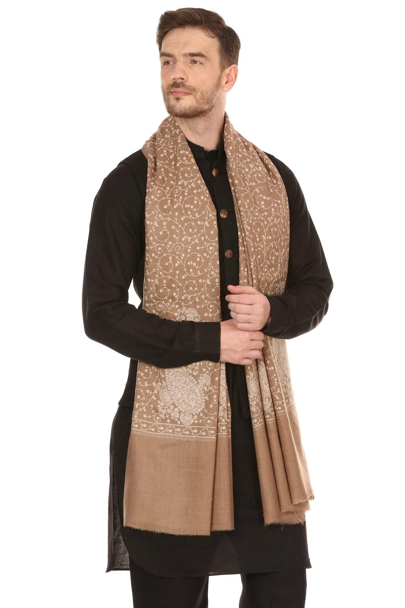 Pashtush Shawl Store Stole Pashtush Mens Tone on Tone Embroidery Stole - Natural Beige