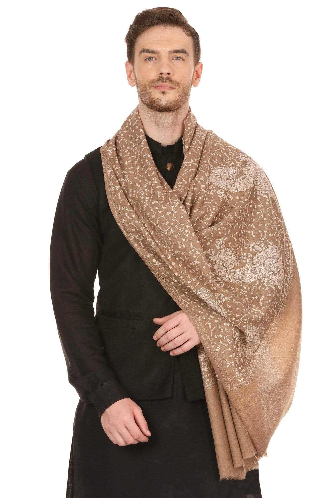 Pashtush Shawl Store Stole Pashtush Mens Tone on Tone Embroidery Stole - Natural Beige