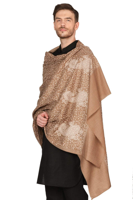 Pashtush Shawl Store Stole Pashtush Mens Tone on Tone Embroidery Stole - Natural Beige