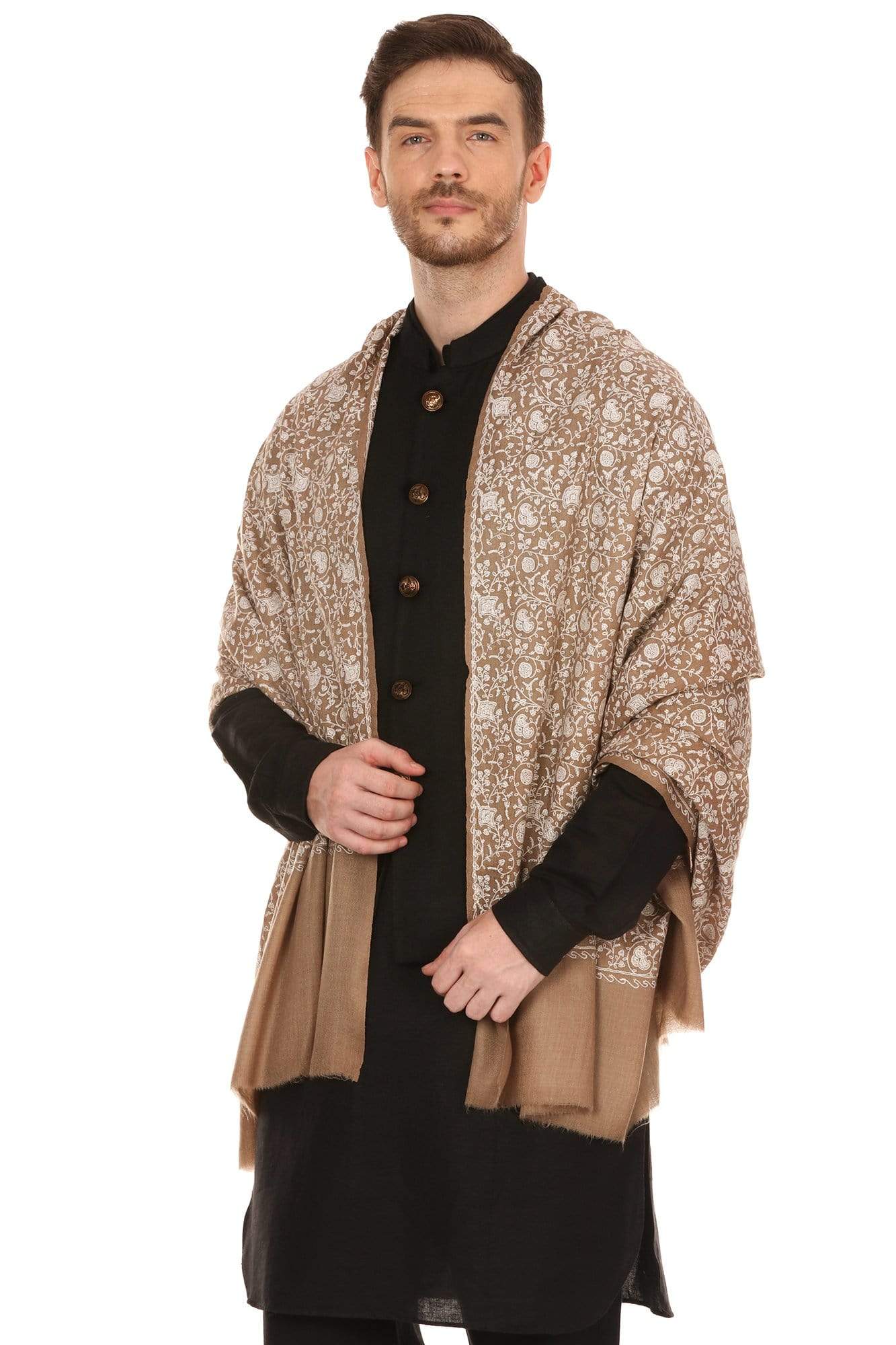 Pashtush Shawl Store Stole Pashtush Mens Tone on Tone Embroidery Stole - Taupe