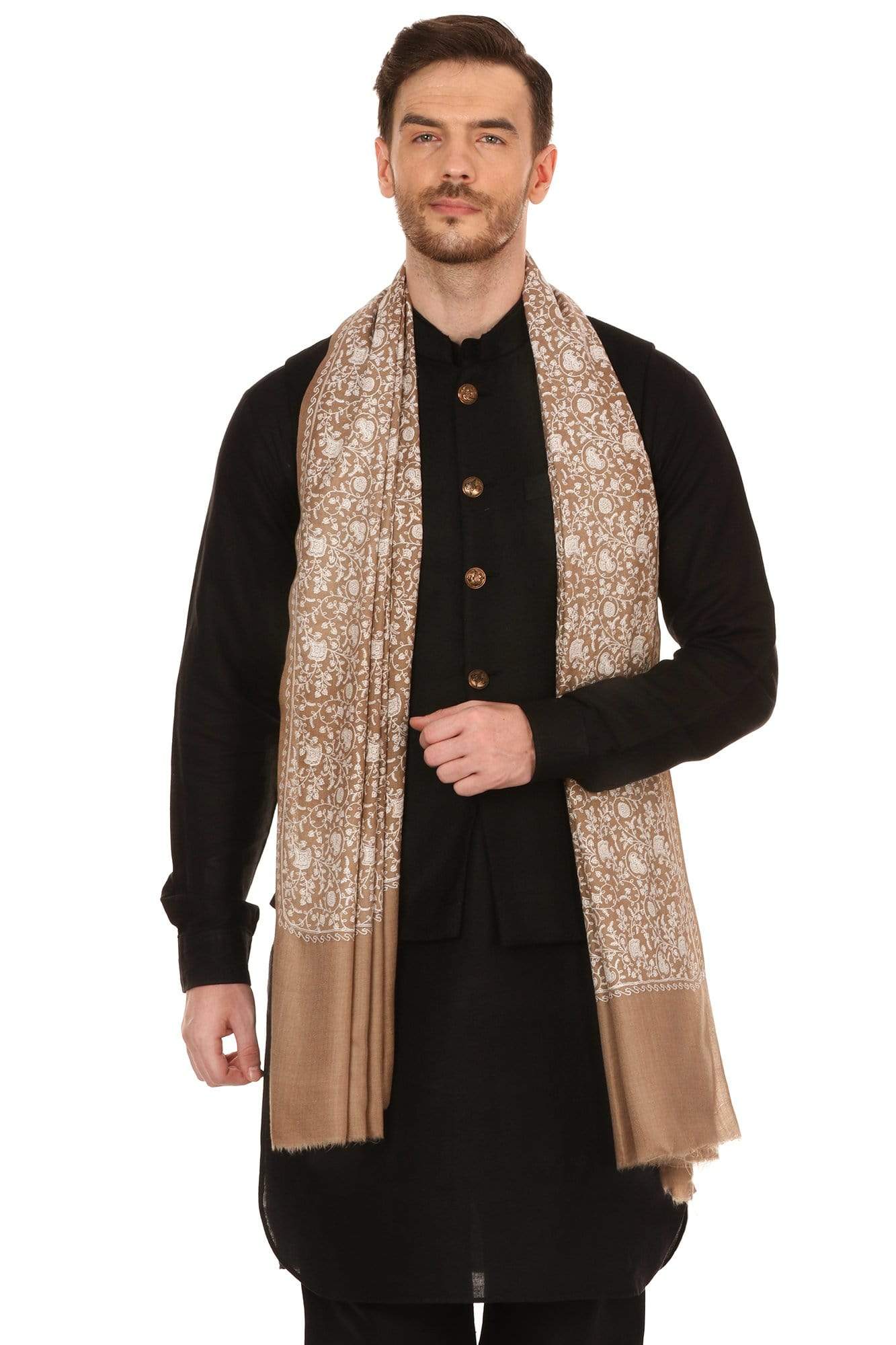 Pashtush Shawl Store Stole Pashtush Mens Tone on Tone Embroidery Stole - Taupe