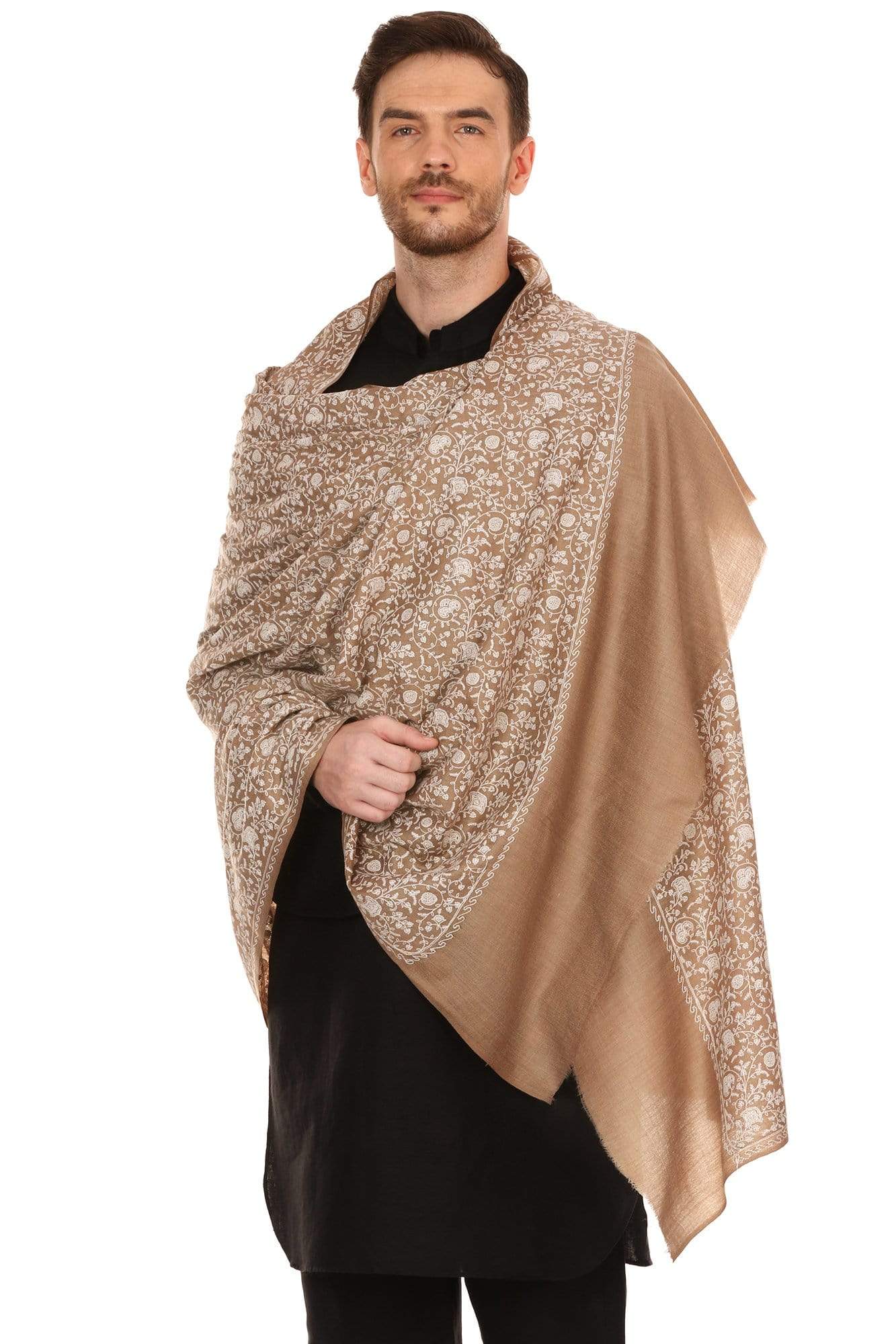 Pashtush Shawl Store Stole Pashtush Mens Tone on Tone Embroidery Stole - Taupe