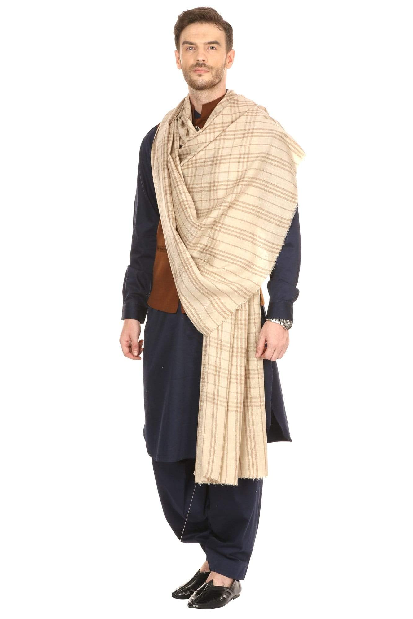 Pashtush Store Shawl Pashtush Mens Woven Check Design Shawl, Merino Wool Light Weight, Soft Hand feel