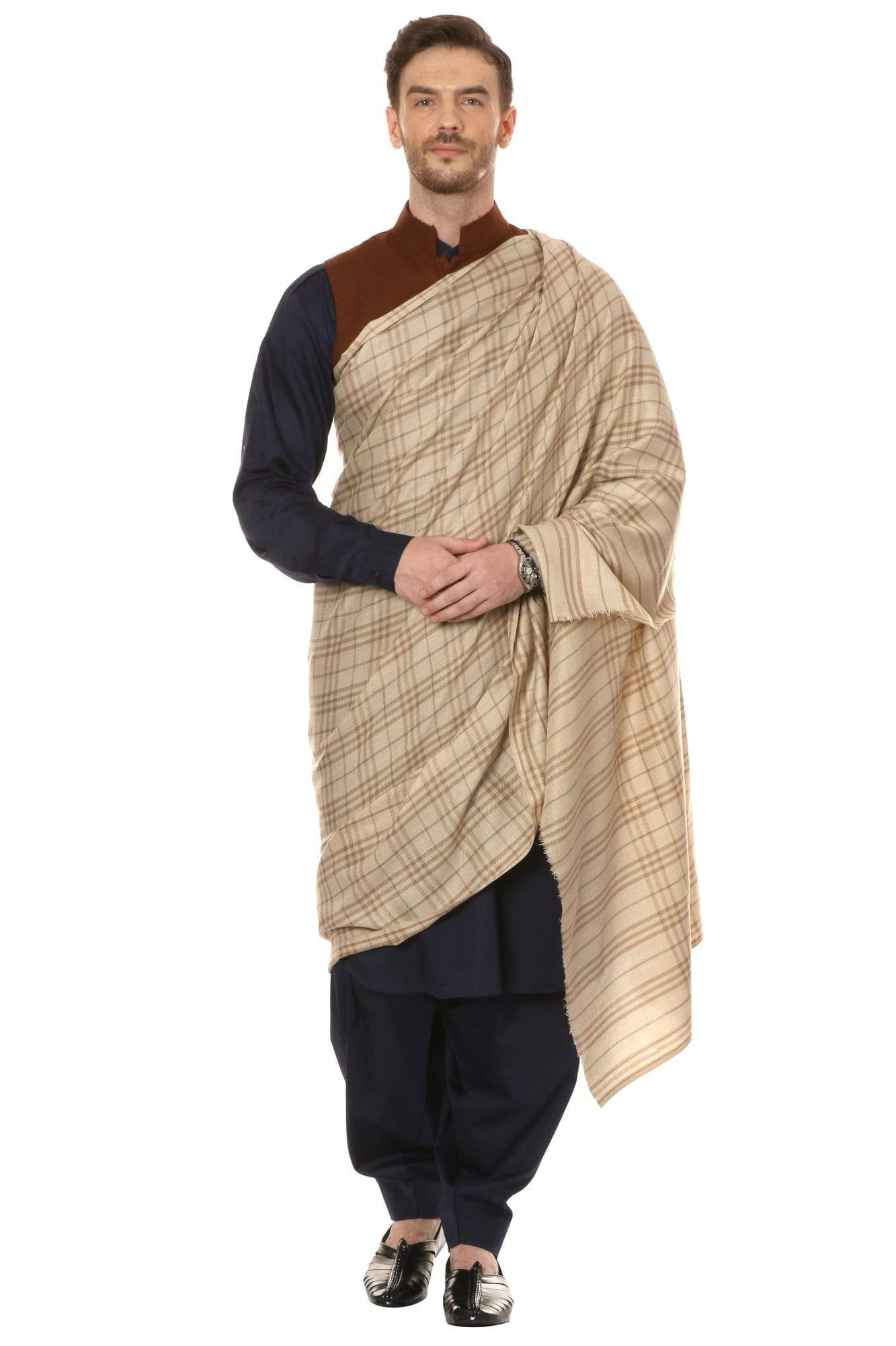 Pashtush Store Shawl Pashtush Mens Woven Check Design Shawl, Merino Wool Light Weight, Soft Hand feel
