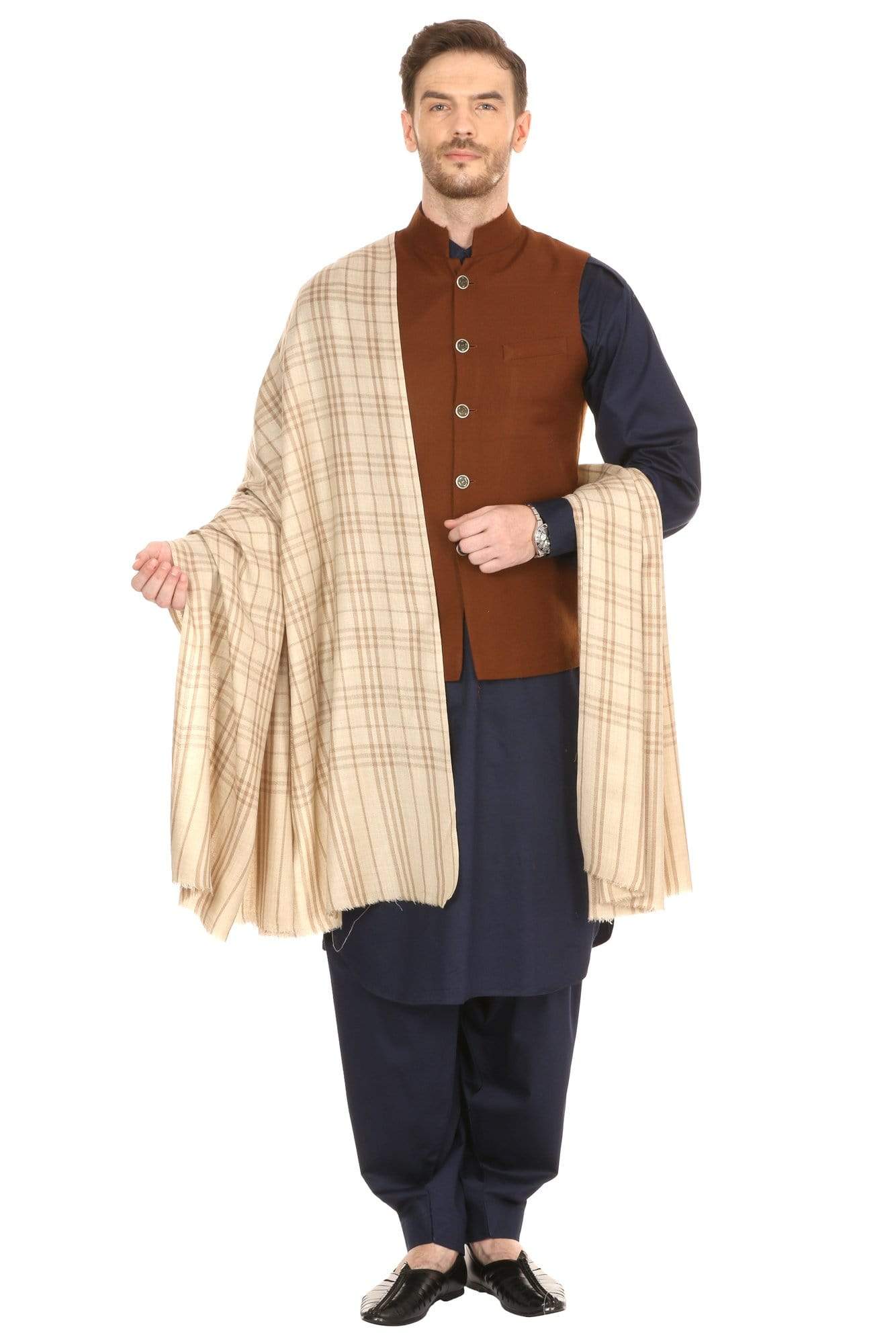 Pashtush Store Shawl Pashtush Mens Woven Check Design Shawl, Merino Wool Light Weight, Soft Hand feel