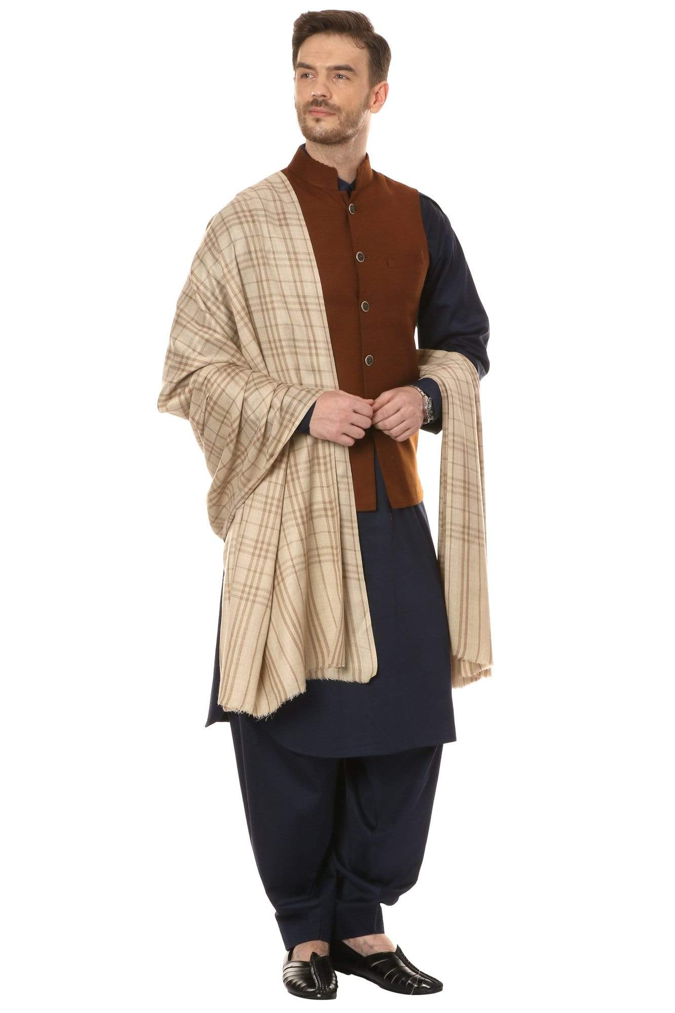 Pashtush Store Shawl Pashtush Mens Woven Check Design Shawl, Merino Wool Light Weight, Soft Hand feel