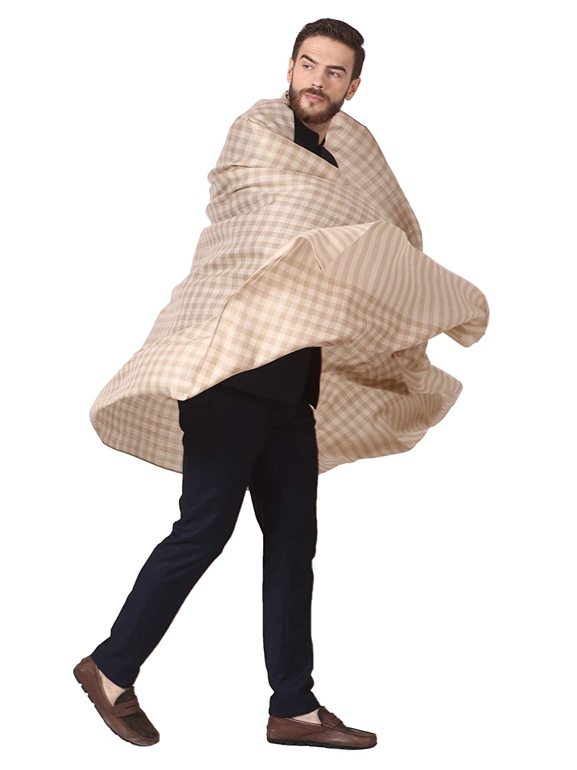 Pashtush India 114x228 Pashtush Mens Woven Check Shawl, Ultra-Light Weight - Fine Wool, Medium, Herringbone Checks