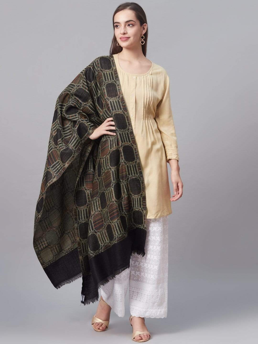 Pashtush India 70x200 Pashtush Pure Wool, Honeycomb Weave Stole, With Woolmark Certificate, Black