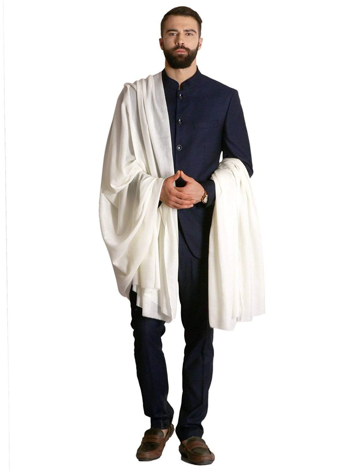 Pashtush India 127x254 Pashtush Ring Mens Super Fine Shawl,100% Pure Full Size - Ivory Colour