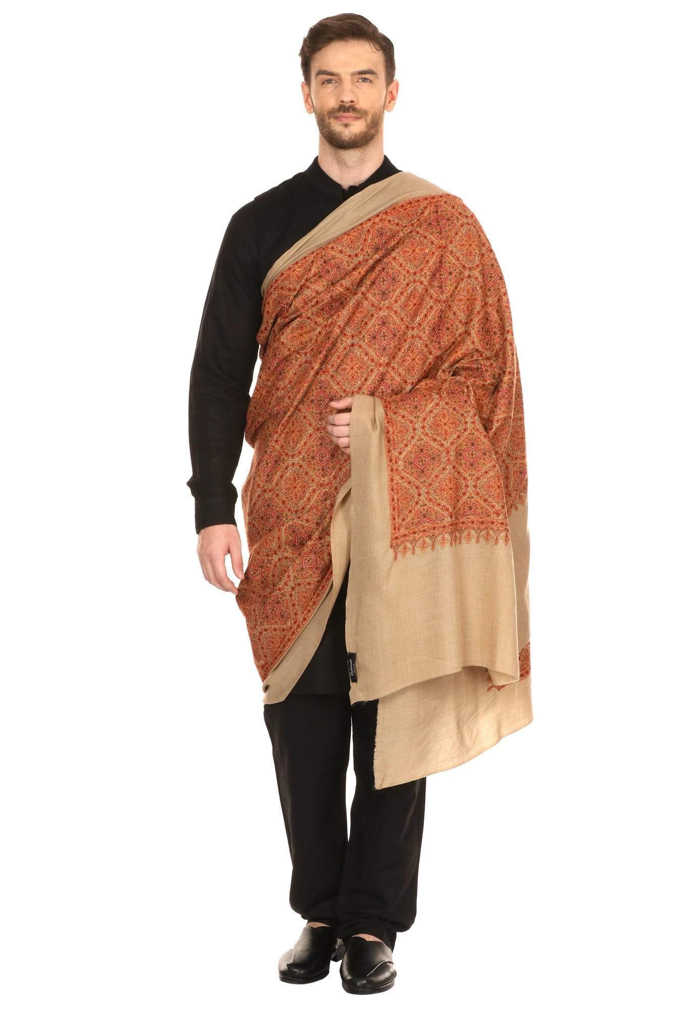 Pashtush India 127x254 Pashtush Super Fine Kashmiri Embroidery Pure Wool, Ring Shawl, full size - Taupe