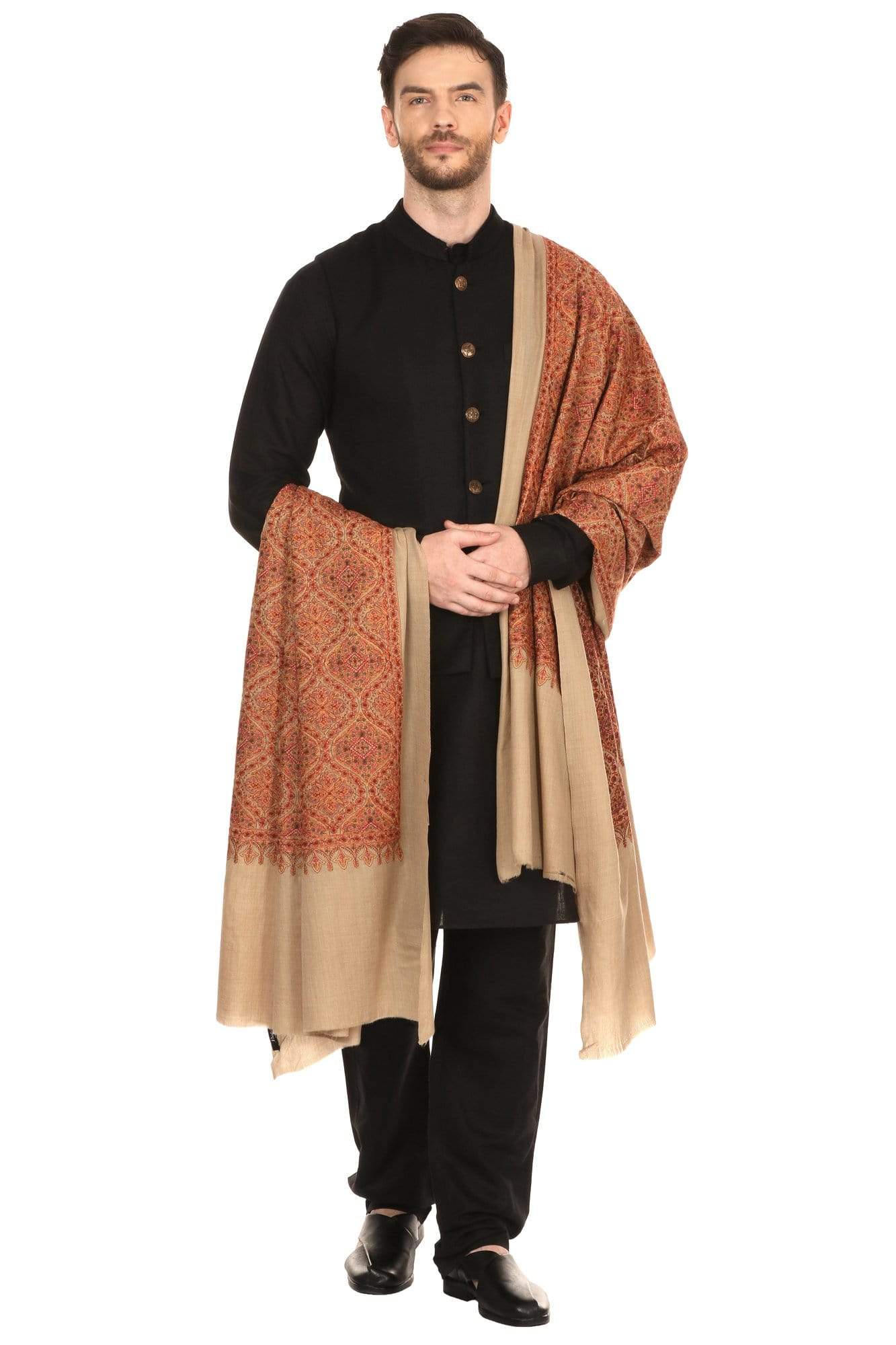 Pashtush India 127x254 Pashtush Super Fine Kashmiri Embroidery Pure Wool, Ring Shawl, full size - Taupe