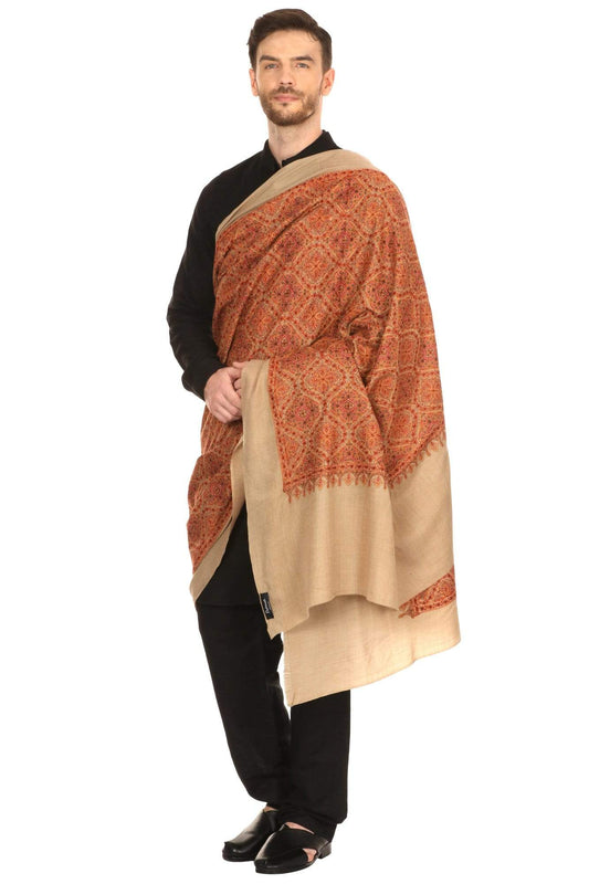 Pashtush India 127x254 Pashtush Super Fine Kashmiri Embroidery Pure Wool, Ring Shawl, full size - Taupe
