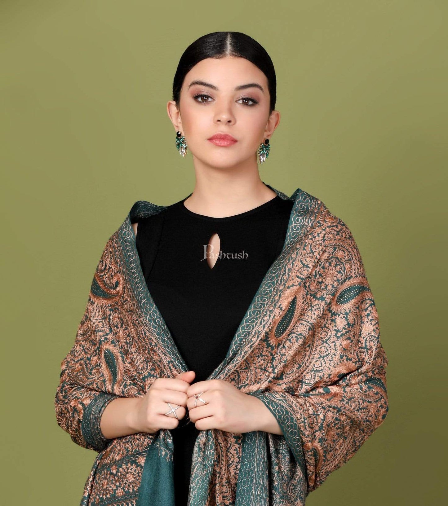 Pashtush India 70x200 Pashtush Tres Chic Regal Collection, Wool Embroidery Nalki Shawl Scarf