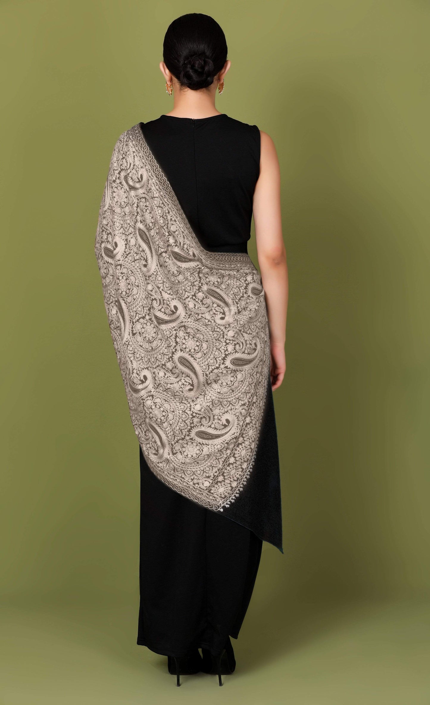 Pashtush Shawl Store Stole Pashtush Tres Chic Regal Collection, Wool Embroidery Nalki Shawl Scarf, Black